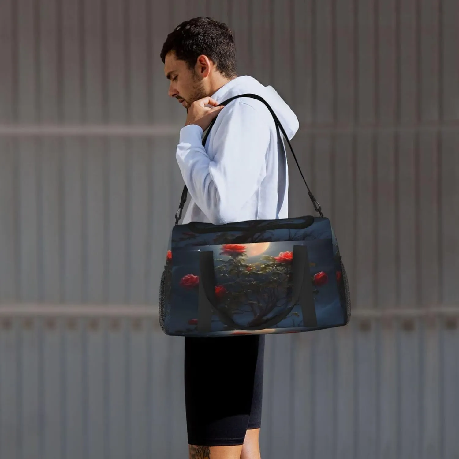 Travel Duffel Bag For Men Women, Moon Rose Flower Tree Carry On Sport Gym Bag With Shoulder Strap Lightweight Waterproof Weekender Bag Overnight Bag