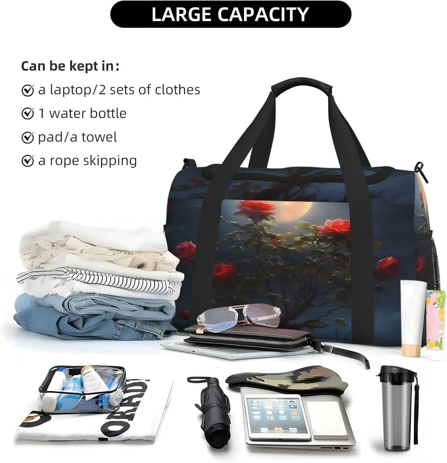 Travel Duffel Bag For Men Women, Moon Rose Flower Tree Carry On Sport Gym Bag With Shoulder Strap Lightweight Waterproof Weekender Bag Overnight Bag