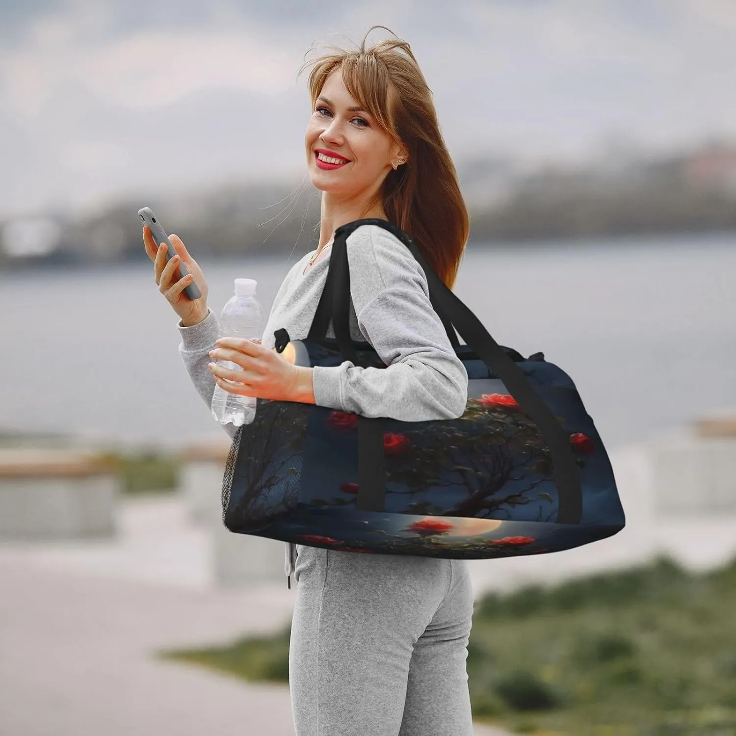Travel Duffel Bag For Men Women, Moon Rose Flower Tree Carry On Sport Gym Bag With Shoulder Strap Lightweight Waterproof Weekender Bag Overnight Bag