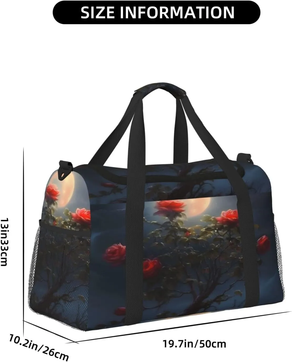 Travel Duffel Bag For Men Women, Moon Rose Flower Tree Carry On Sport Gym Bag With Shoulder Strap Lightweight Waterproof Weekender Bag Overnight Bag