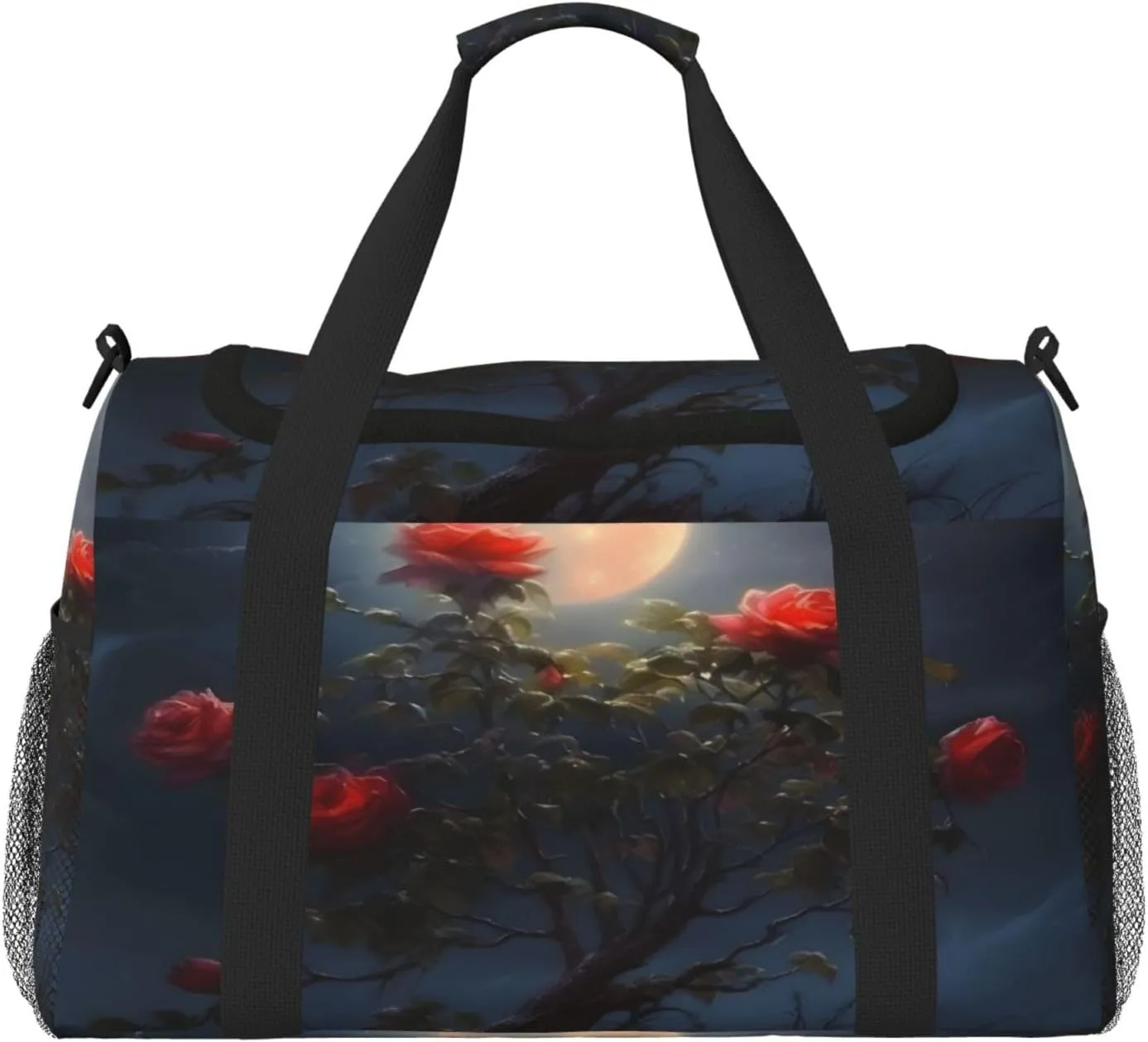 Travel Duffel Bag For Men Women, Moon Rose Flower Tree Carry On Sport Gym Bag With Shoulder Strap Lightweight Waterproof Weekender Bag Overnight Bag
