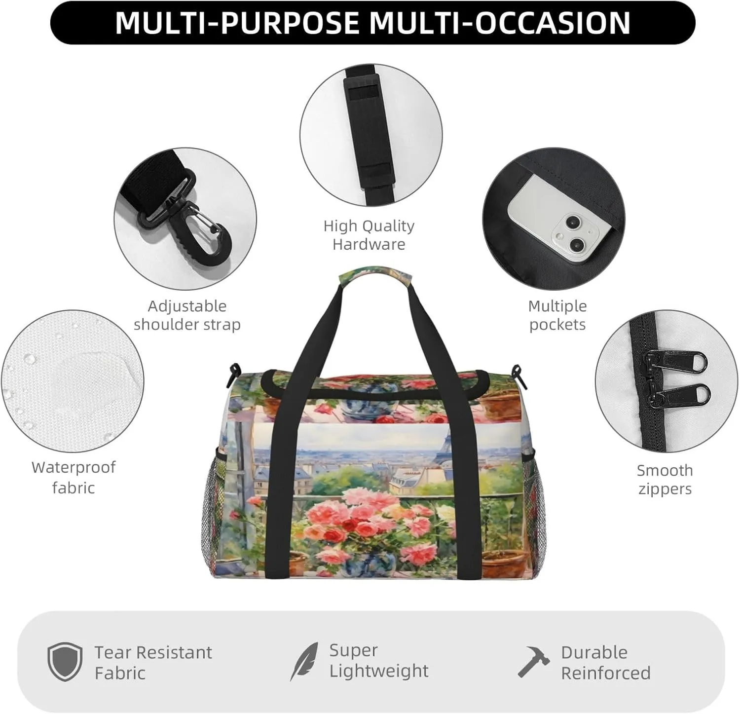 Travel Duffel Bag For Men Women, Paris Eiffel Flower Art Painting Carry On Sport Gym Bag With Shoulder Strap Lightweight Waterproof Weekender Bag Overnight Bag