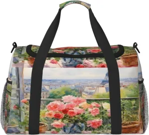 Travel Duffel Bag For Men Women, Paris Eiffel Flower Art Painting Carry On Sport Gym Bag With Shoulder Strap Lightweight Waterproof Weekender Bag Overnight Bag