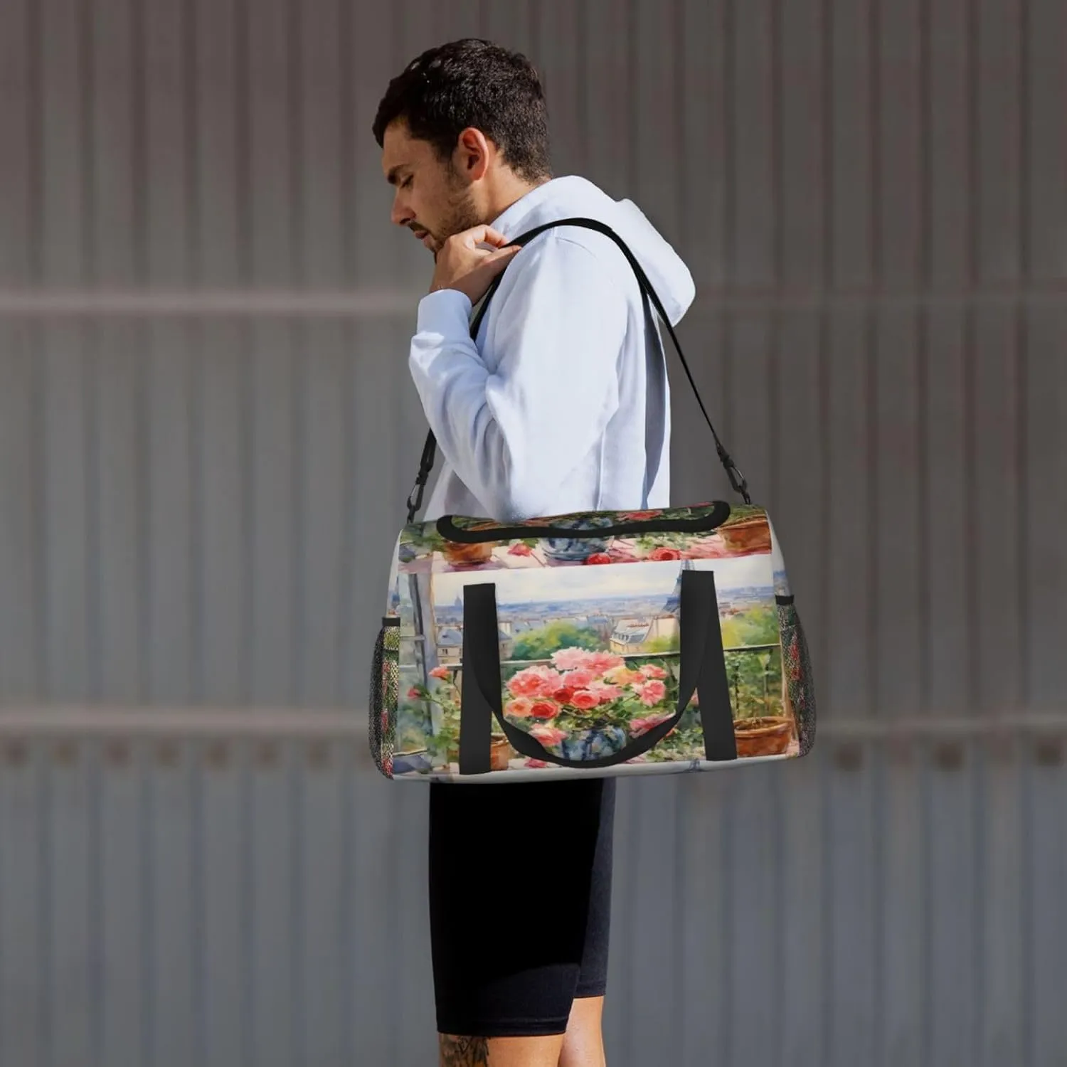 Travel Duffel Bag For Men Women, Paris Eiffel Flower Art Painting Carry On Sport Gym Bag With Shoulder Strap Lightweight Waterproof Weekender Bag Overnight Bag