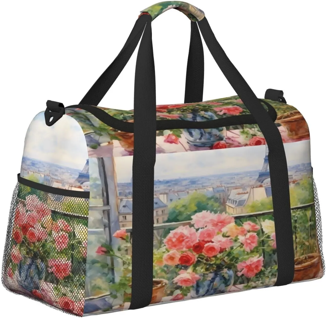 Travel Duffel Bag For Men Women, Paris Eiffel Flower Art Painting Carry On Sport Gym Bag With Shoulder Strap Lightweight Waterproof Weekender Bag Overnight Bag