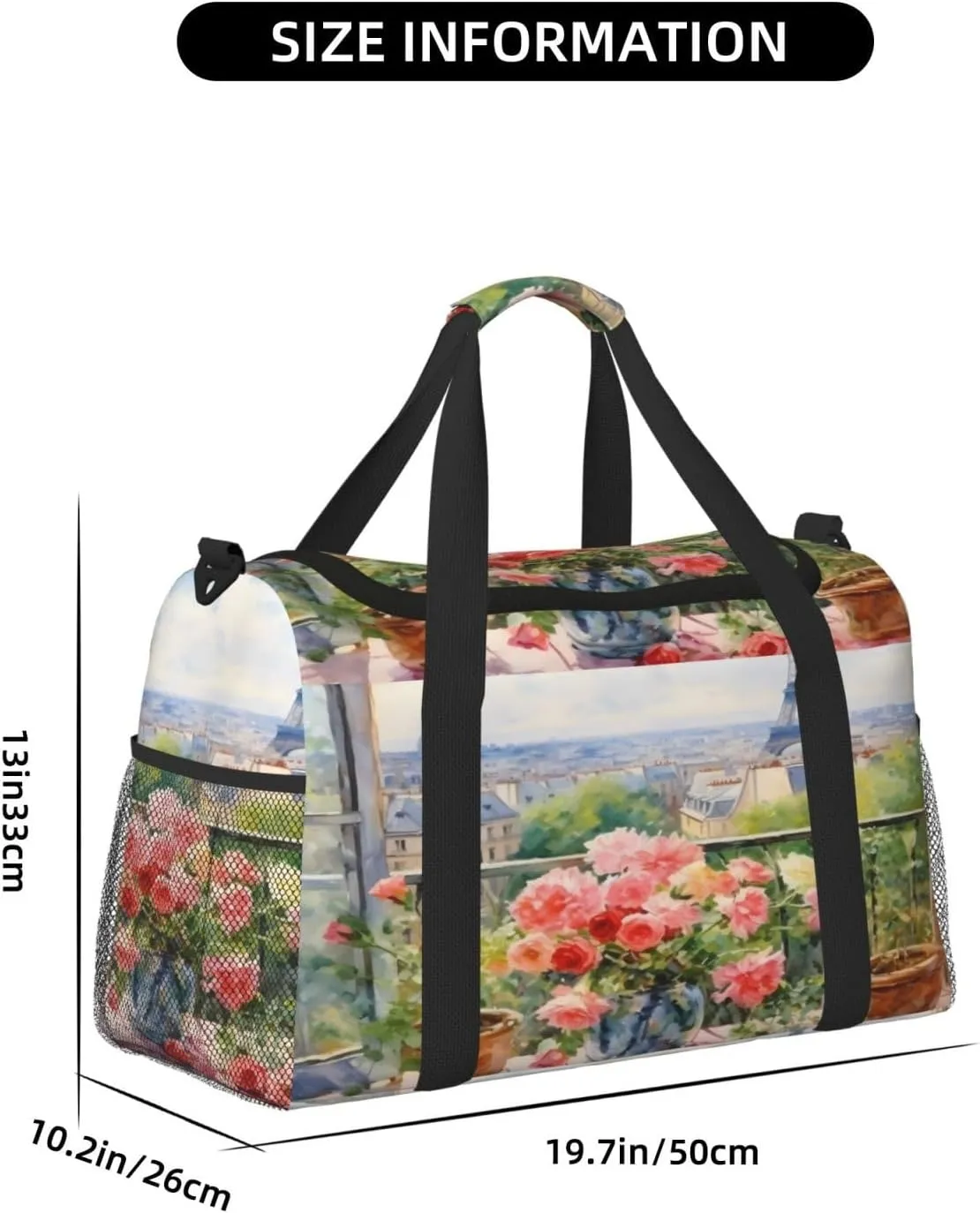 Travel Duffel Bag For Men Women, Paris Eiffel Flower Art Painting Carry On Sport Gym Bag With Shoulder Strap Lightweight Waterproof Weekender Bag Overnight Bag
