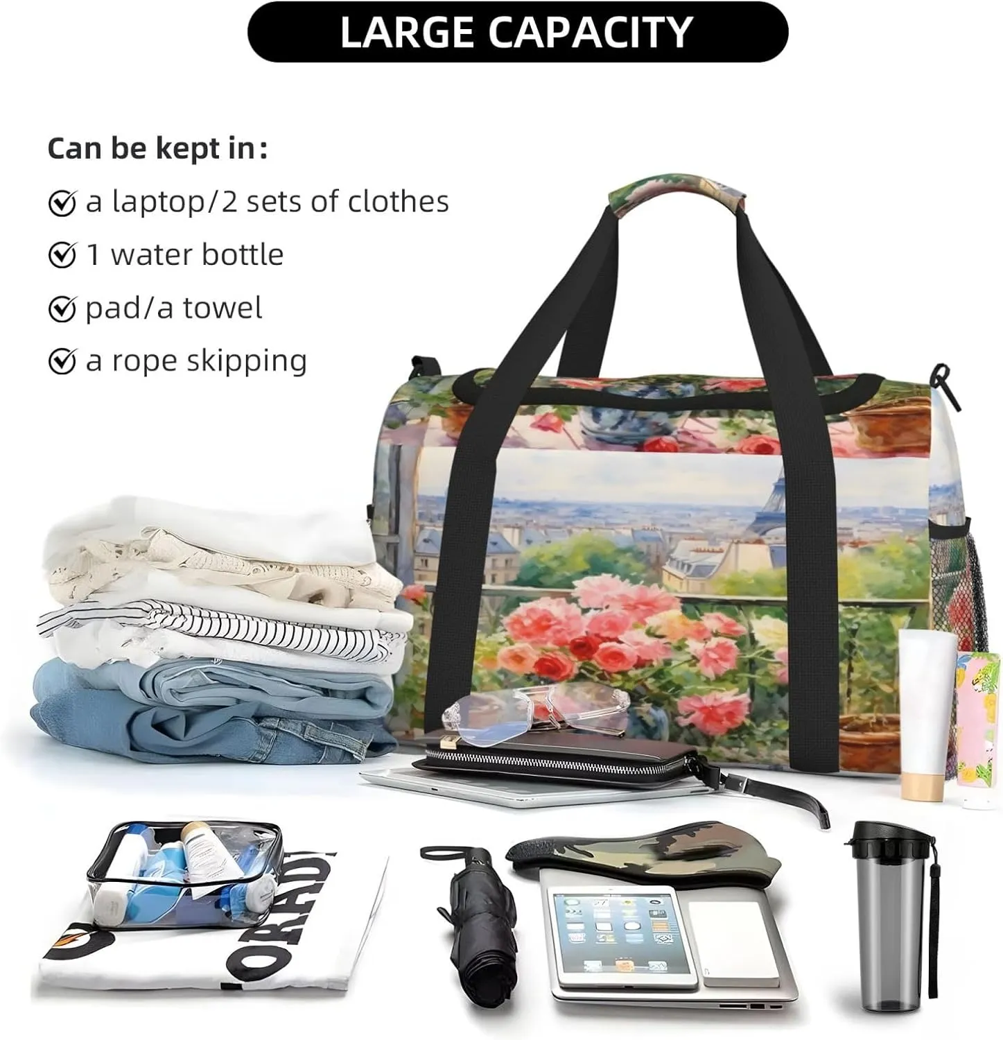 Travel Duffel Bag For Men Women, Paris Eiffel Flower Art Painting Carry On Sport Gym Bag With Shoulder Strap Lightweight Waterproof Weekender Bag Overnight Bag