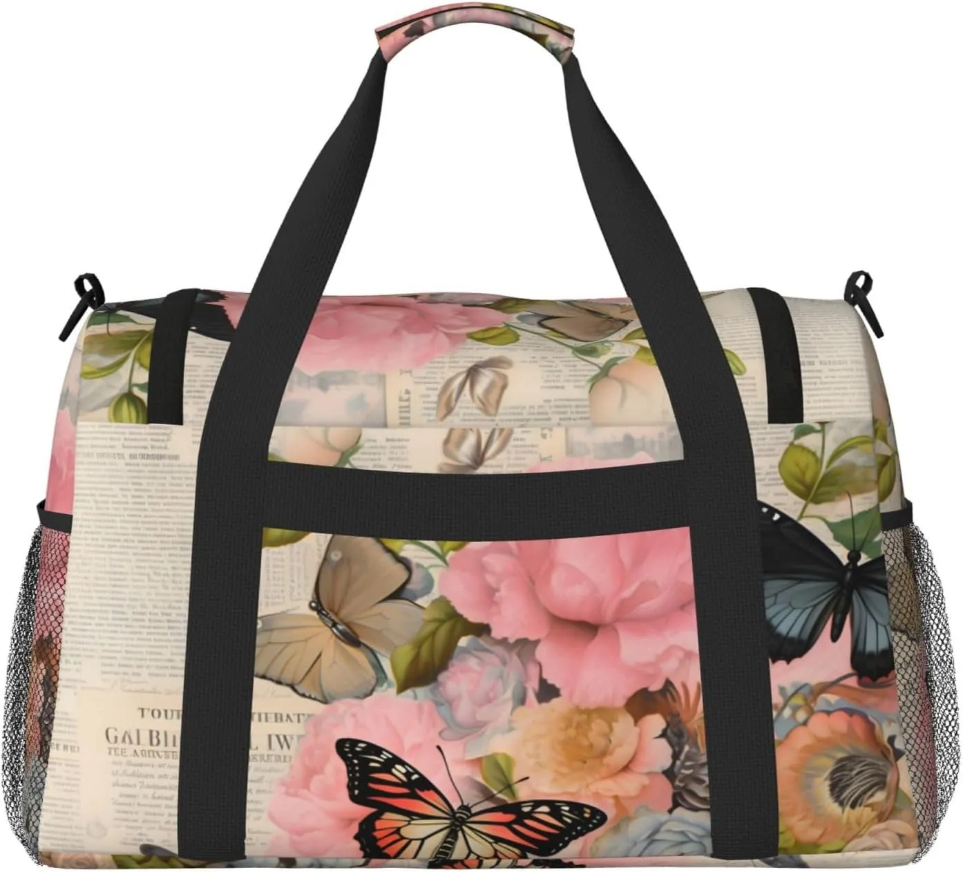 Travel Duffel Bag For Men Women, Retro Newspaper Butterfly Flower Carry On Sport Gym Bag With Shoulder Strap Lightweight Waterproof Weekender Bag Overnight Bag