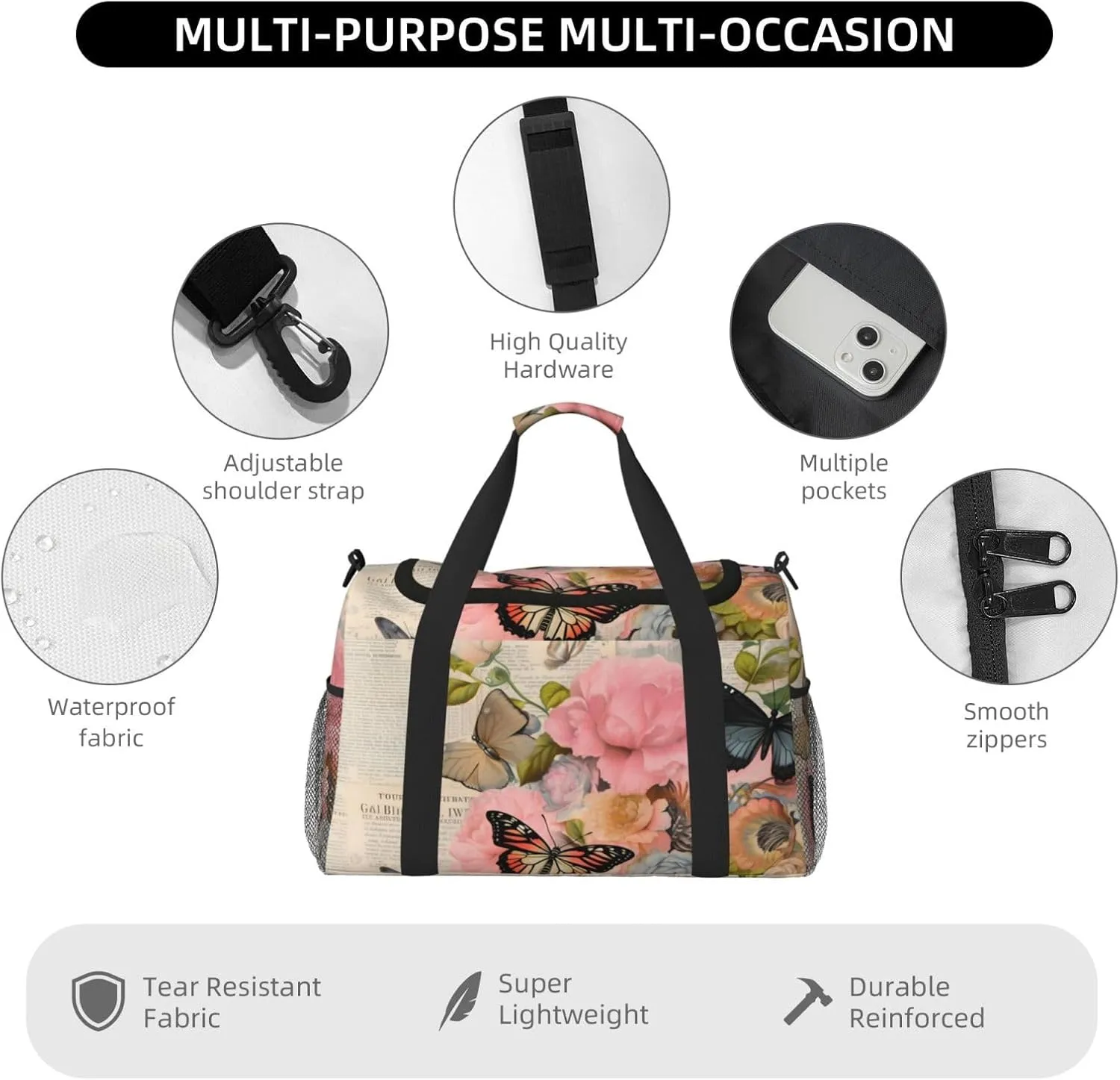 Travel Duffel Bag For Men Women, Retro Newspaper Butterfly Flower Carry On Sport Gym Bag With Shoulder Strap Lightweight Waterproof Weekender Bag Overnight Bag