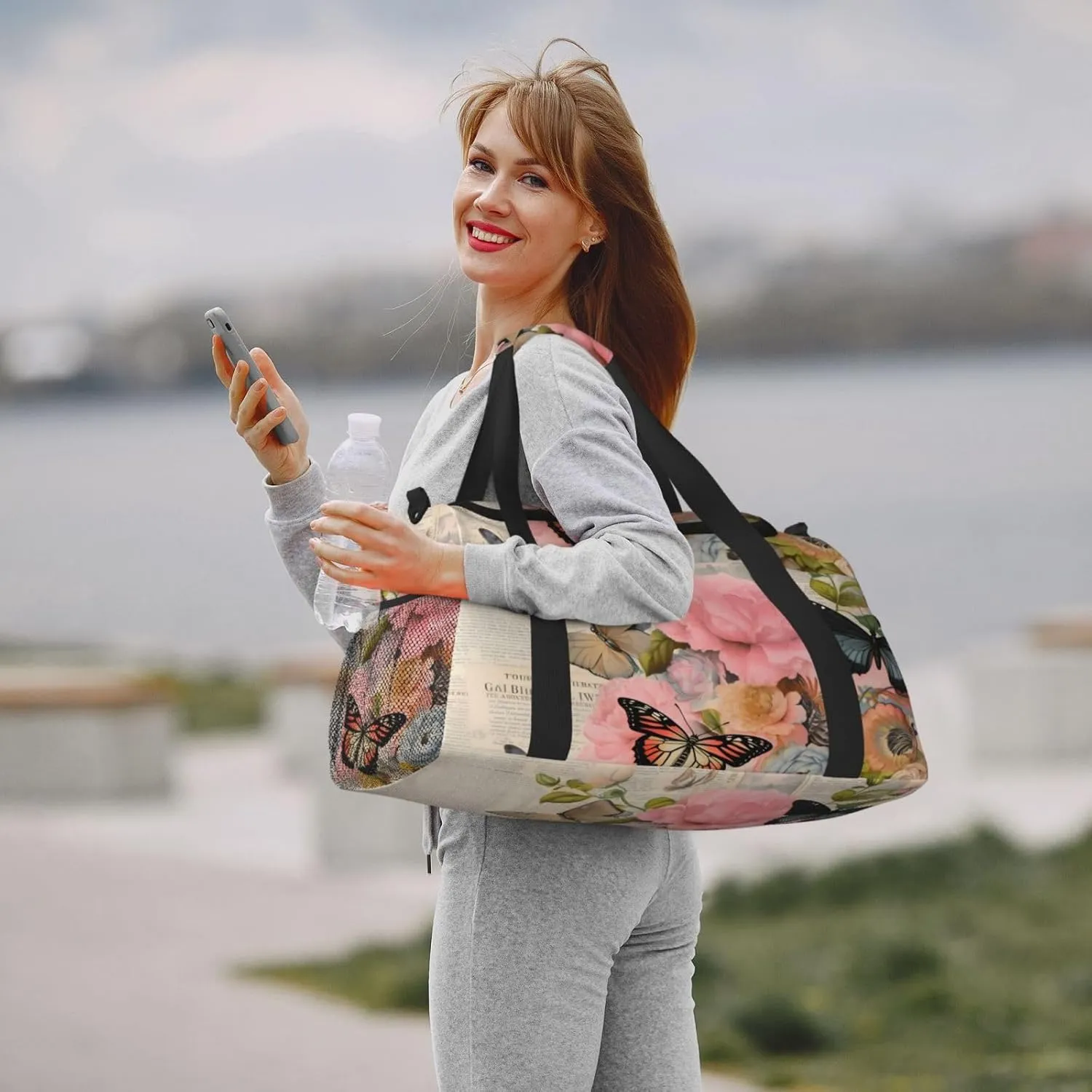 Travel Duffel Bag For Men Women, Retro Newspaper Butterfly Flower Carry On Sport Gym Bag With Shoulder Strap Lightweight Waterproof Weekender Bag Overnight Bag