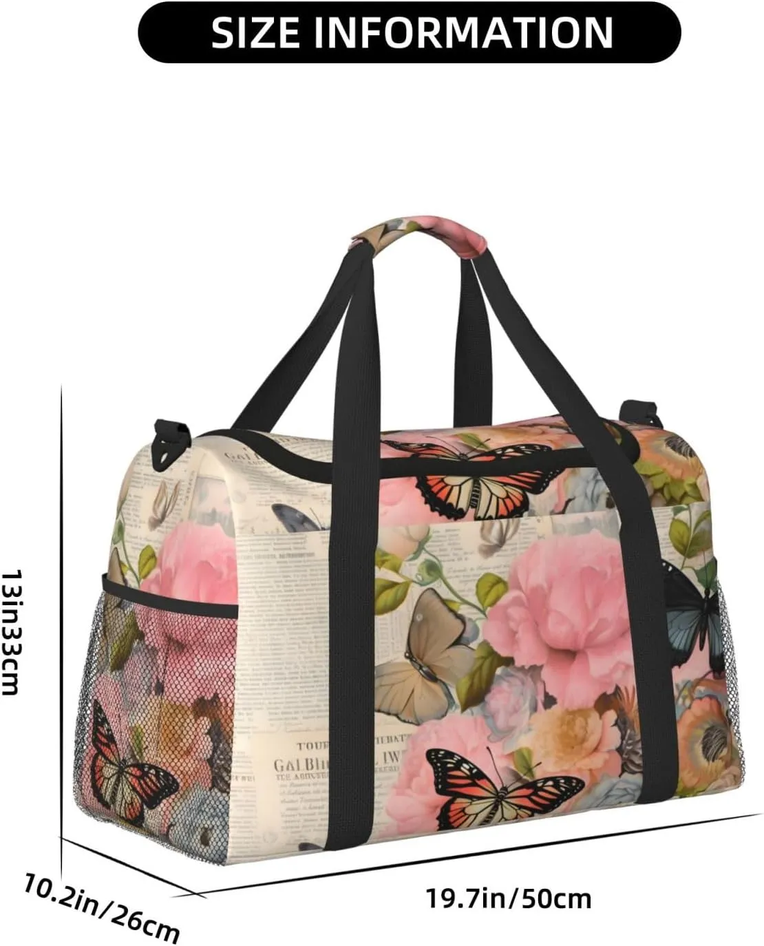 Travel Duffel Bag For Men Women, Retro Newspaper Butterfly Flower Carry On Sport Gym Bag With Shoulder Strap Lightweight Waterproof Weekender Bag Overnight Bag