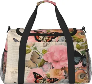 Travel Duffel Bag For Men Women, Retro Newspaper Butterfly Flower Carry On Sport Gym Bag With Shoulder Strap Lightweight Waterproof Weekender Bag Overnight Bag