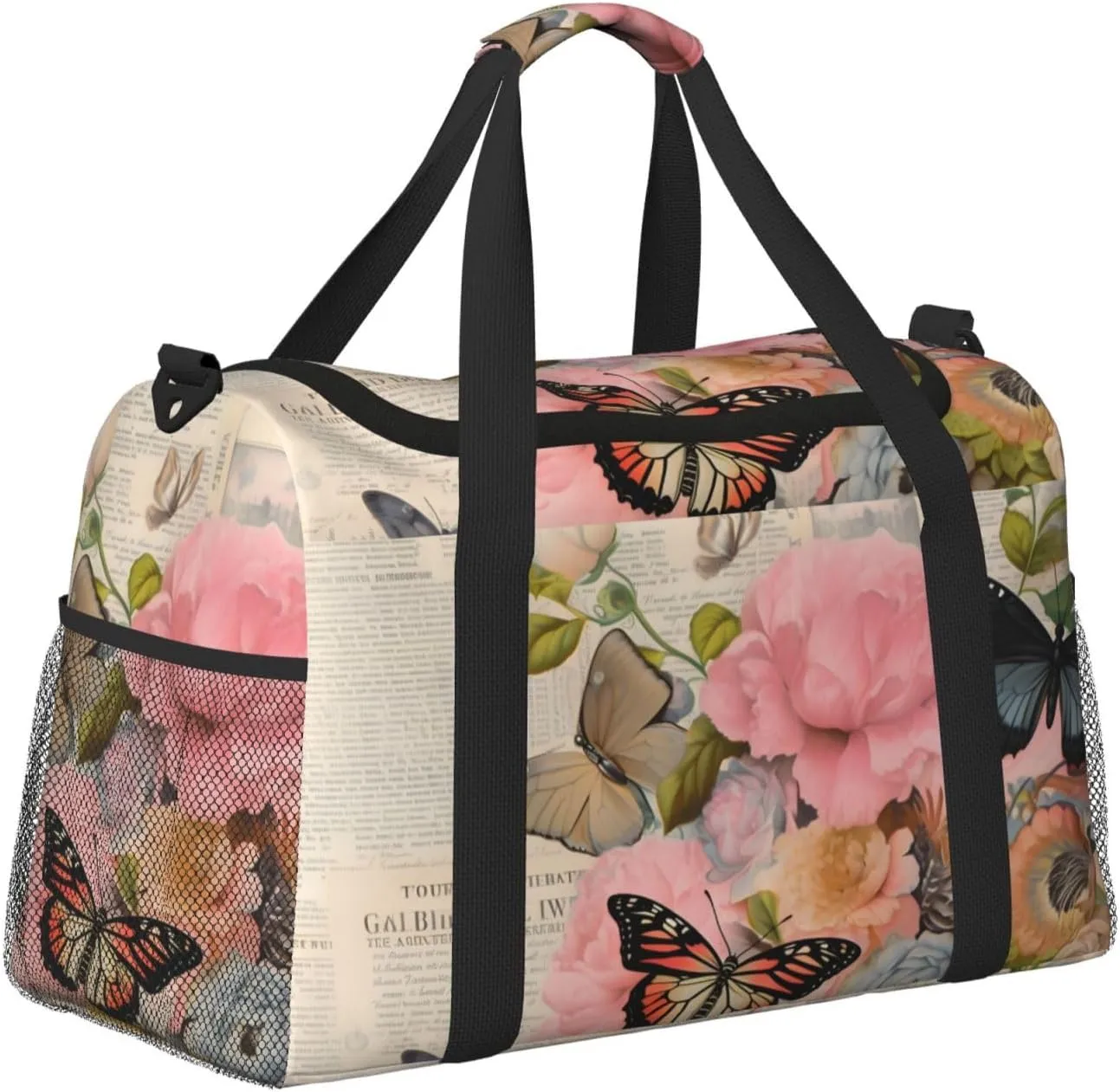 Travel Duffel Bag For Men Women, Retro Newspaper Butterfly Flower Carry On Sport Gym Bag With Shoulder Strap Lightweight Waterproof Weekender Bag Overnight Bag