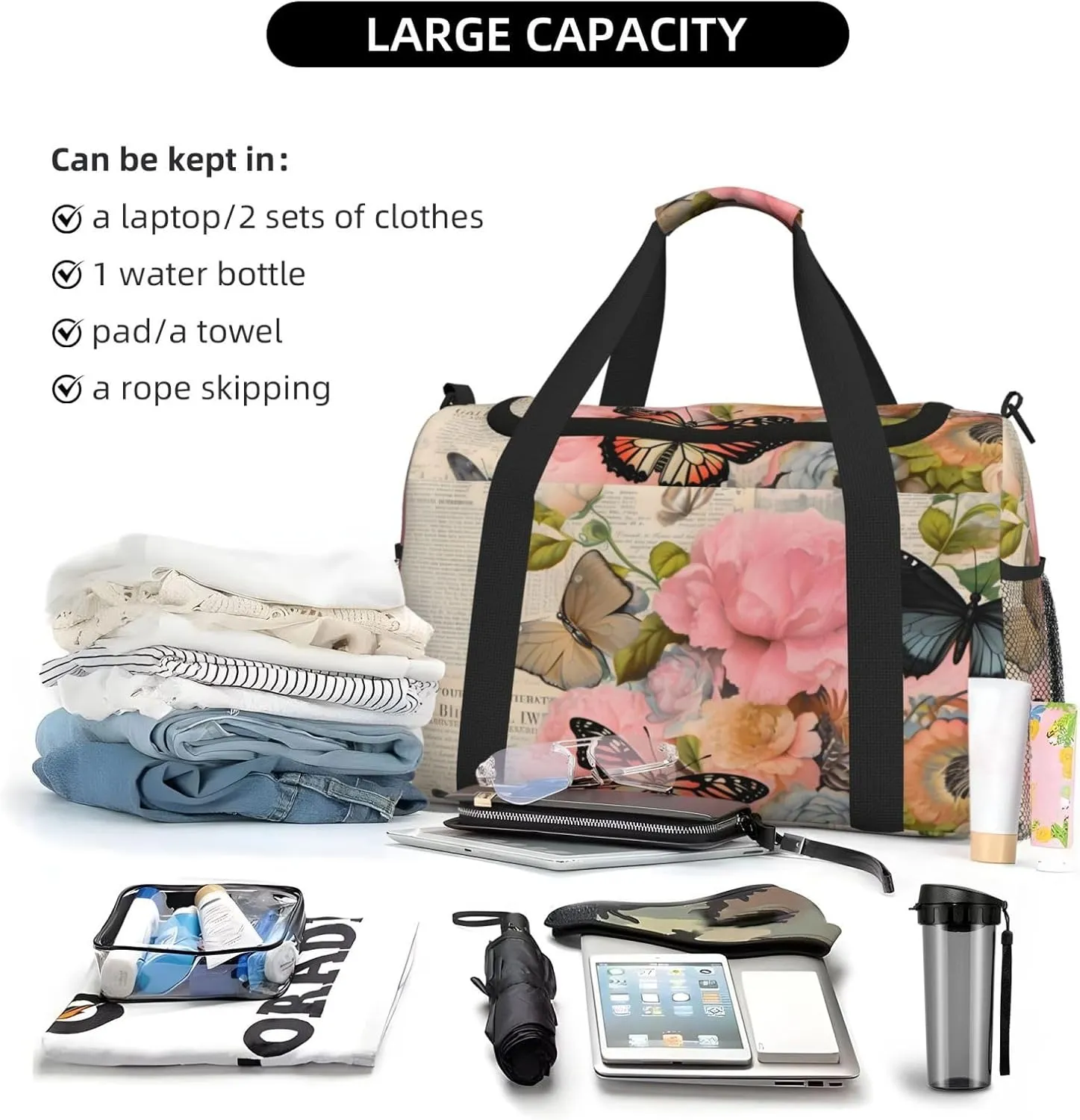 Travel Duffel Bag For Men Women, Retro Newspaper Butterfly Flower Carry On Sport Gym Bag With Shoulder Strap Lightweight Waterproof Weekender Bag Overnight Bag
