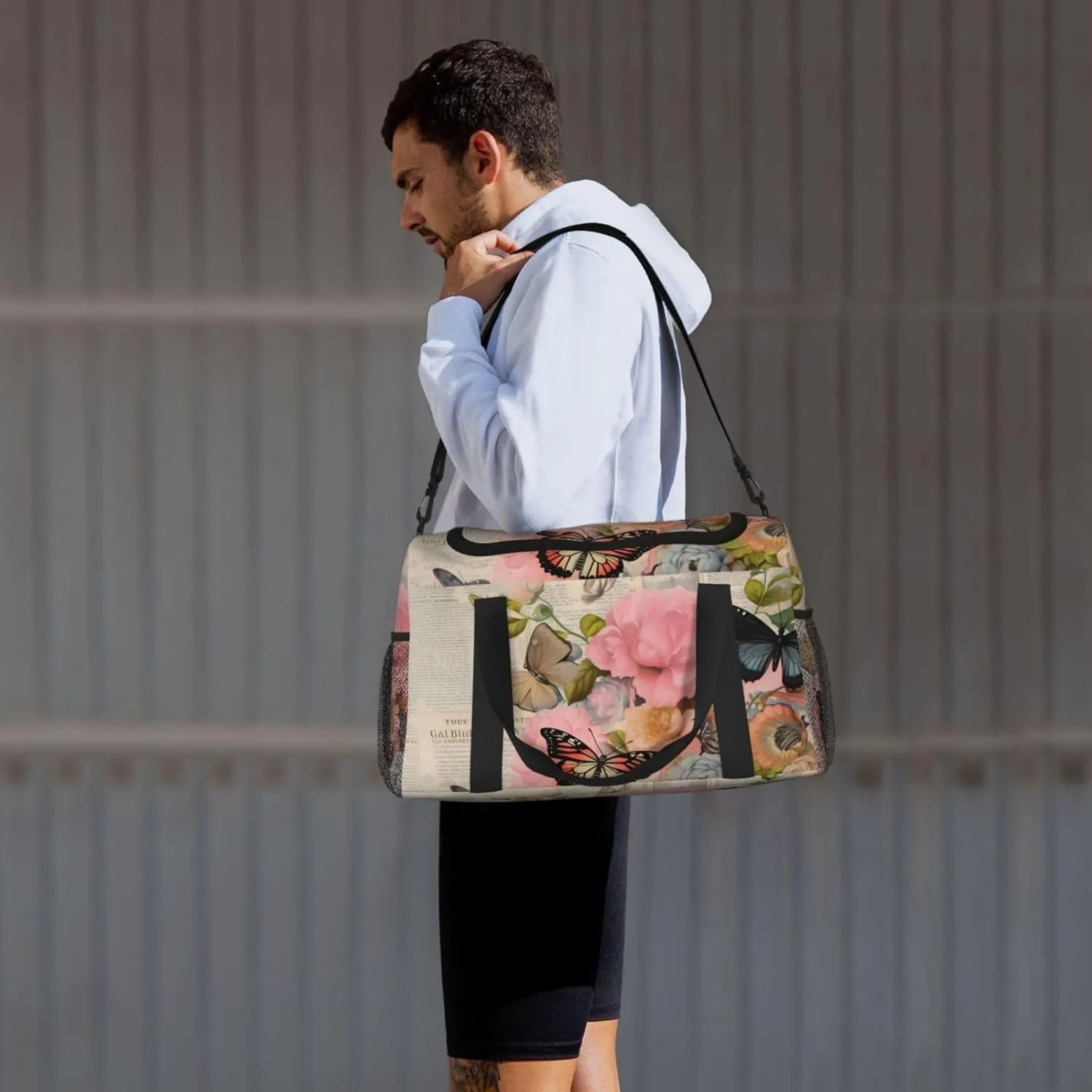 Travel Duffel Bag For Men Women, Retro Newspaper Butterfly Flower Carry On Sport Gym Bag With Shoulder Strap Lightweight Waterproof Weekender Bag Overnight Bag
