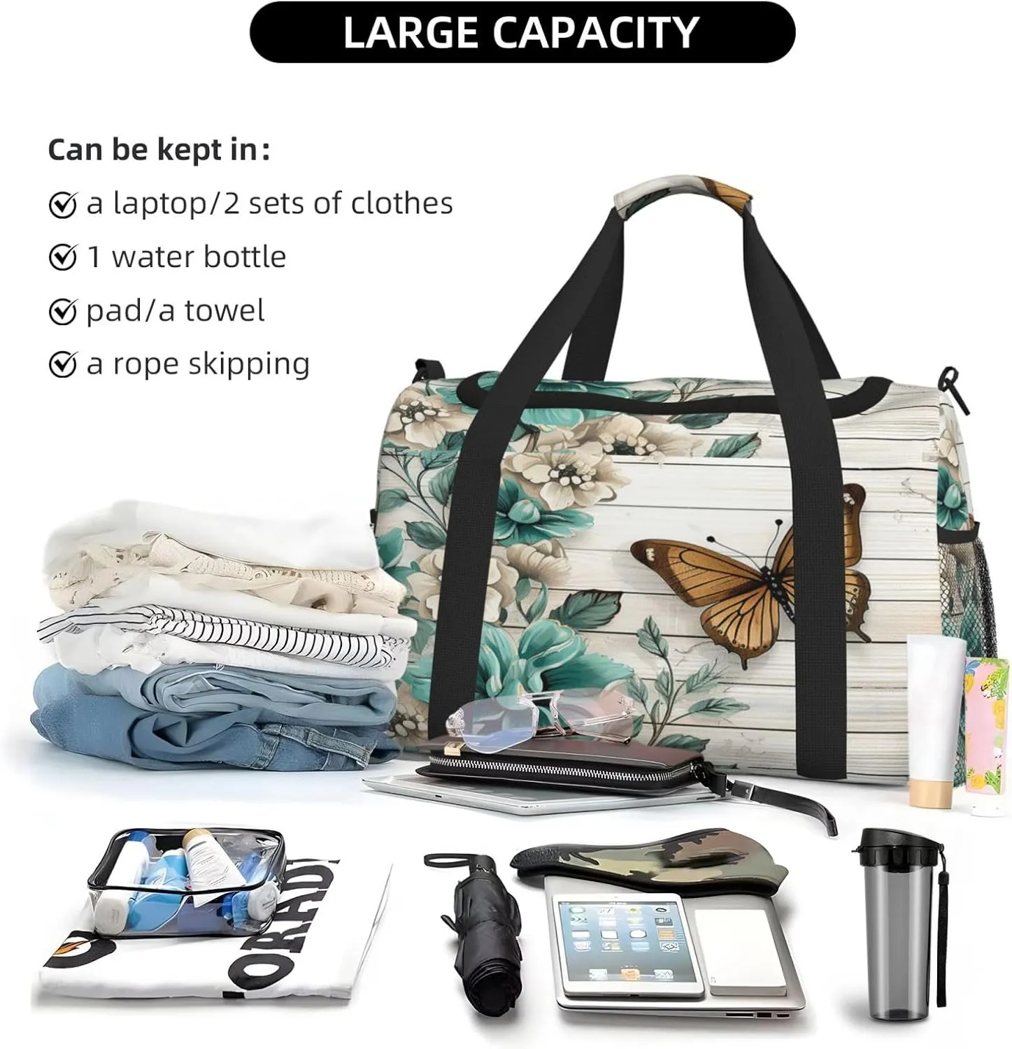 Travel Duffel Bag For Men Women, Rustic Teal Flower Butterfly Vintage Brown Wooden Carry On Sport Gym Bag With Shoulder Strap Lightweight Waterproof Weekender Bag Overnight Bag