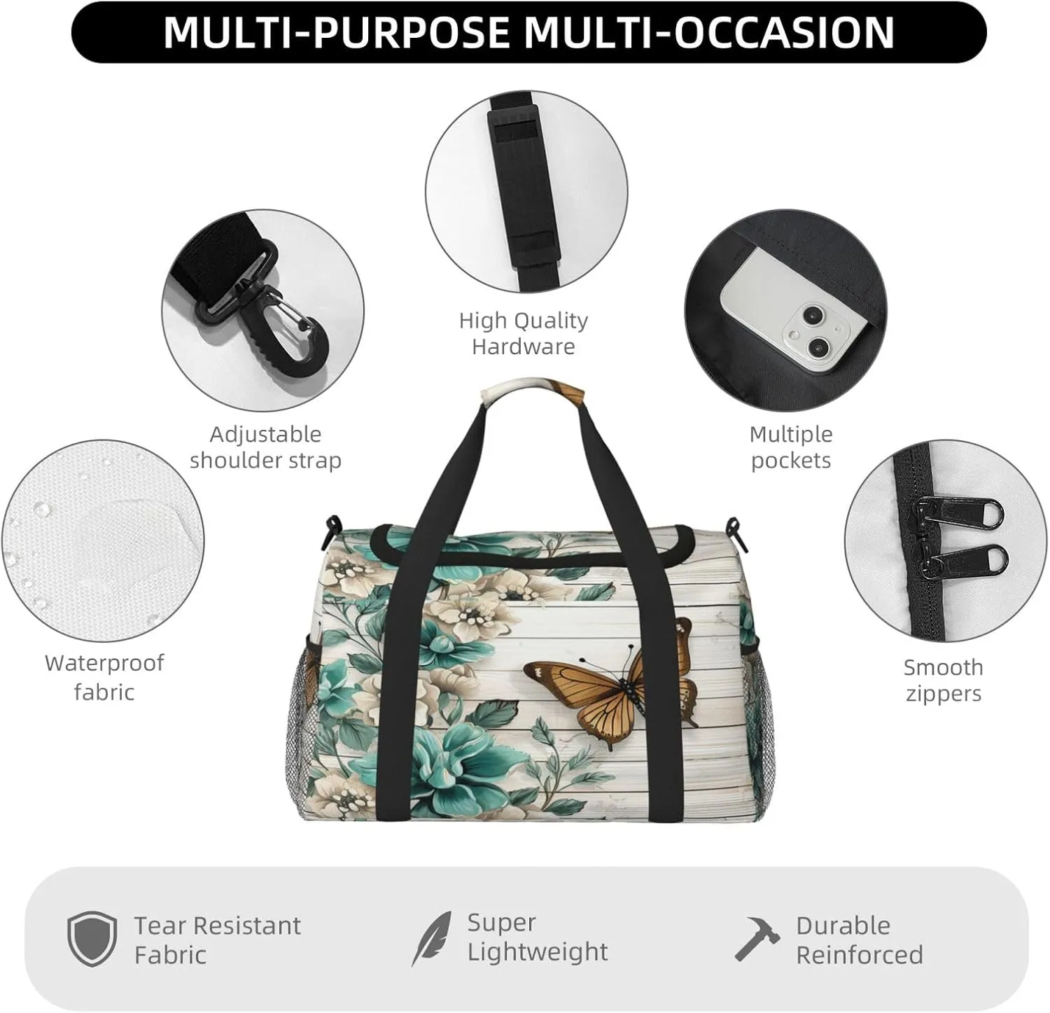 Travel Duffel Bag For Men Women, Rustic Teal Flower Butterfly Vintage Brown Wooden Carry On Sport Gym Bag With Shoulder Strap Lightweight Waterproof Weekender Bag Overnight Bag