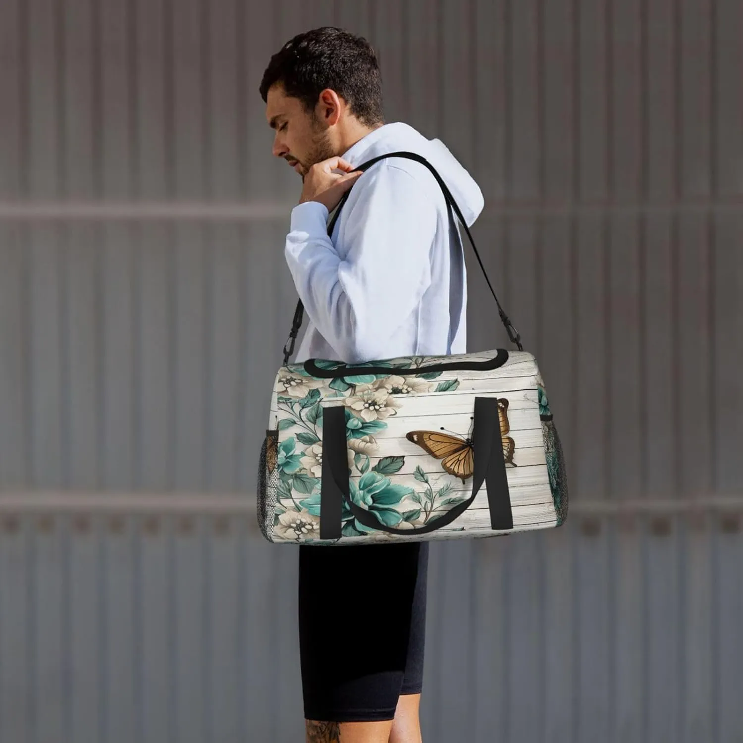 Travel Duffel Bag For Men Women, Rustic Teal Flower Butterfly Vintage Brown Wooden Carry On Sport Gym Bag With Shoulder Strap Lightweight Waterproof Weekender Bag Overnight Bag