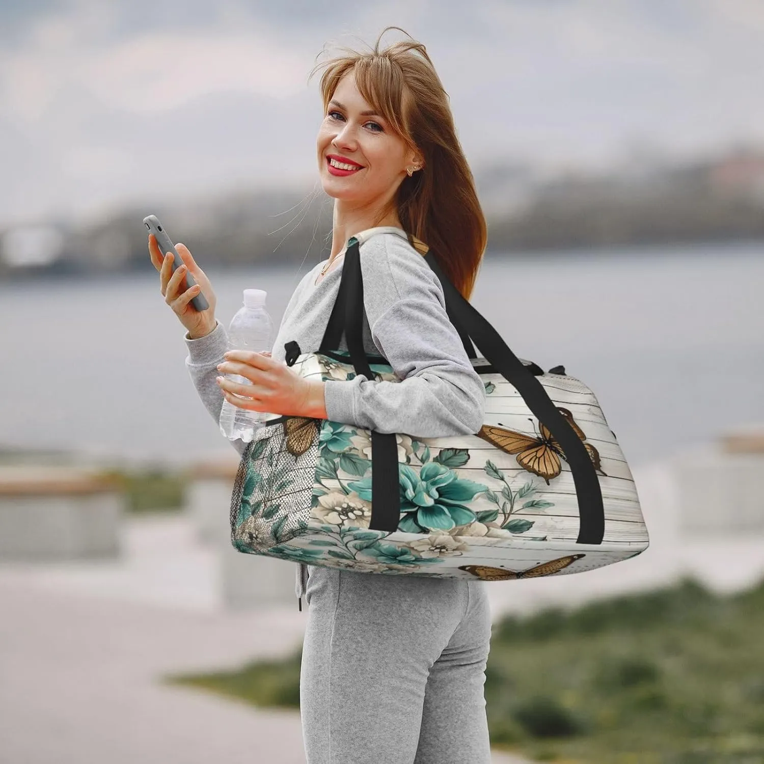 Travel Duffel Bag For Men Women, Rustic Teal Flower Butterfly Vintage Brown Wooden Carry On Sport Gym Bag With Shoulder Strap Lightweight Waterproof Weekender Bag Overnight Bag