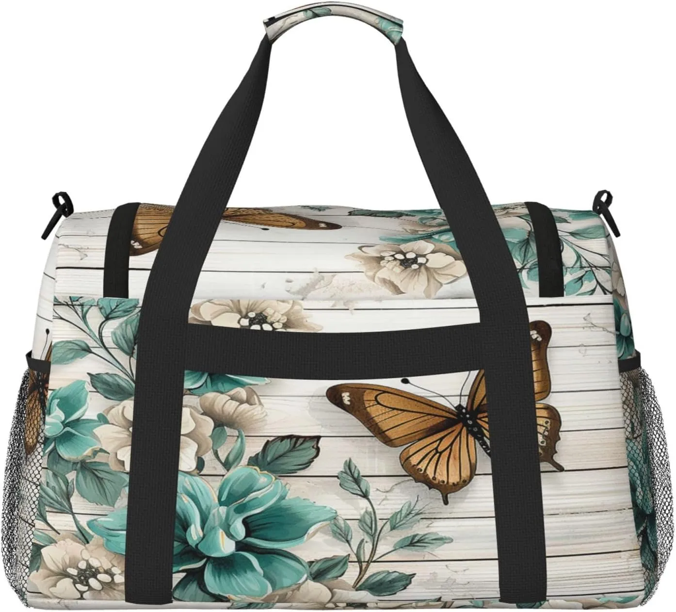 Travel Duffel Bag For Men Women, Rustic Teal Flower Butterfly Vintage Brown Wooden Carry On Sport Gym Bag With Shoulder Strap Lightweight Waterproof Weekender Bag Overnight Bag