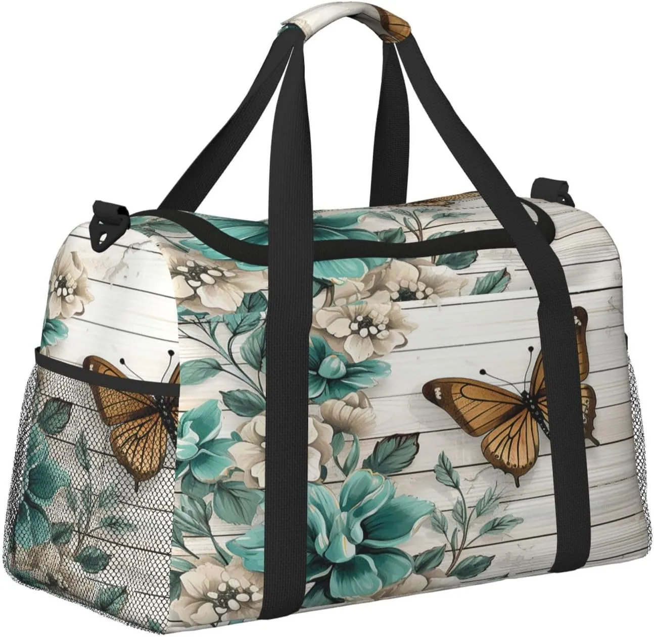 Travel Duffel Bag For Men Women, Rustic Teal Flower Butterfly Vintage Brown Wooden Carry On Sport Gym Bag With Shoulder Strap Lightweight Waterproof Weekender Bag Overnight Bag