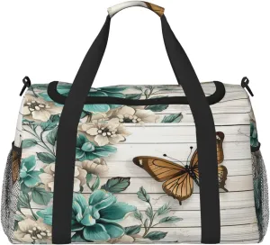 Travel Duffel Bag For Men Women, Rustic Teal Flower Butterfly Vintage Brown Wooden Carry On Sport Gym Bag With Shoulder Strap Lightweight Waterproof Weekender Bag Overnight Bag