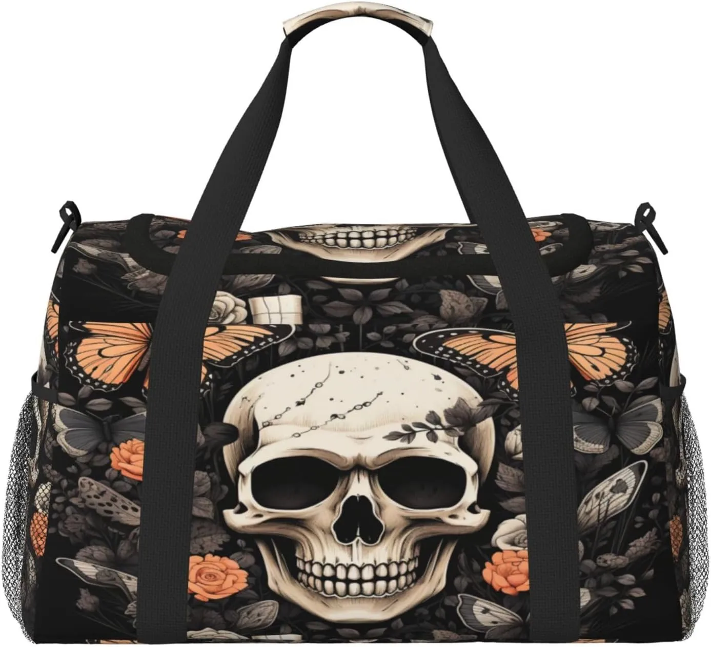 Travel Duffel Bag For Men Women, Skull Butterfly Gothic Rose Flower Carry On Sport Gym Bag With Shoulder Strap Lightweight Waterproof Weekender Bag Overnight Bag