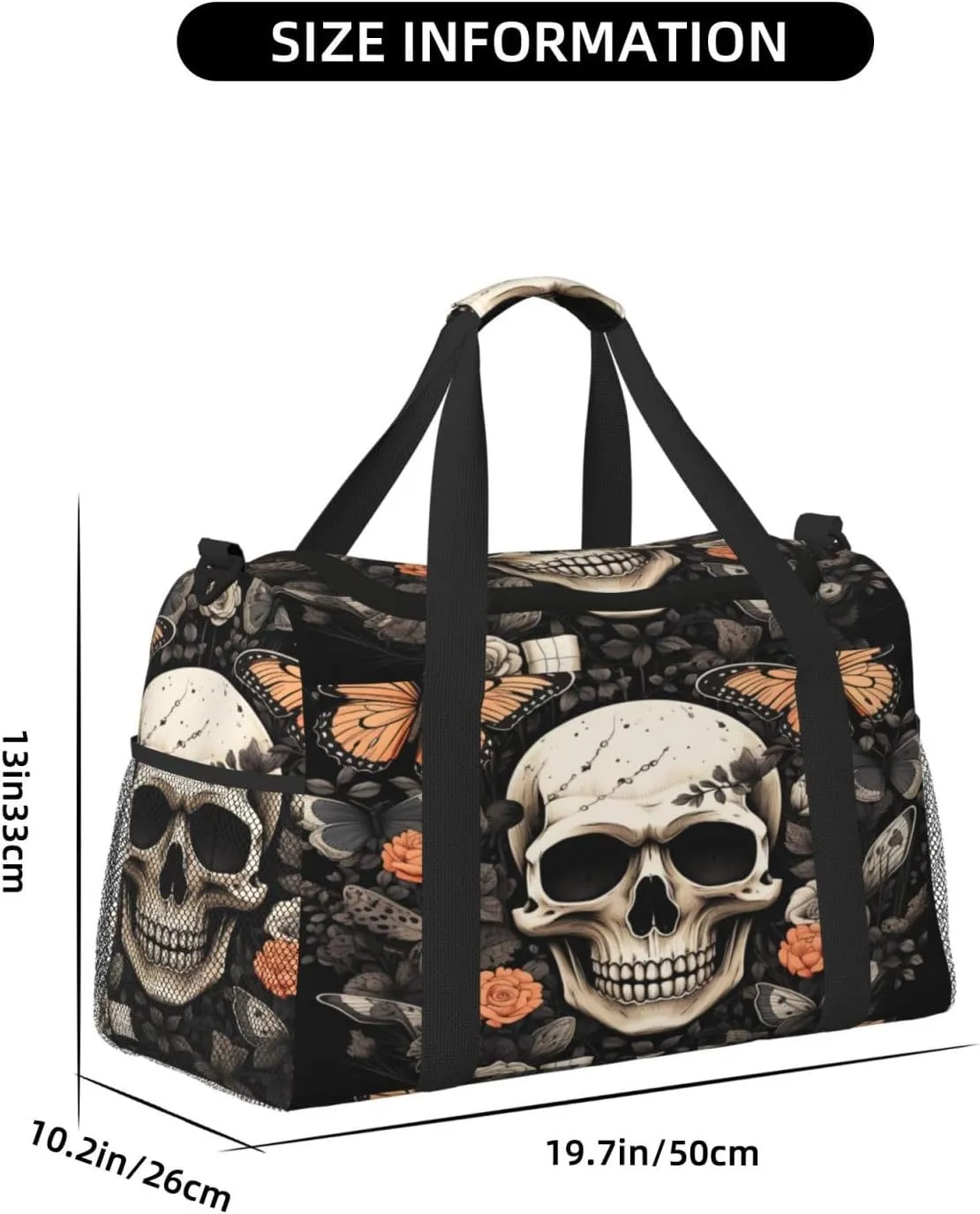 Travel Duffel Bag For Men Women, Skull Butterfly Gothic Rose Flower Carry On Sport Gym Bag With Shoulder Strap Lightweight Waterproof Weekender Bag Overnight Bag