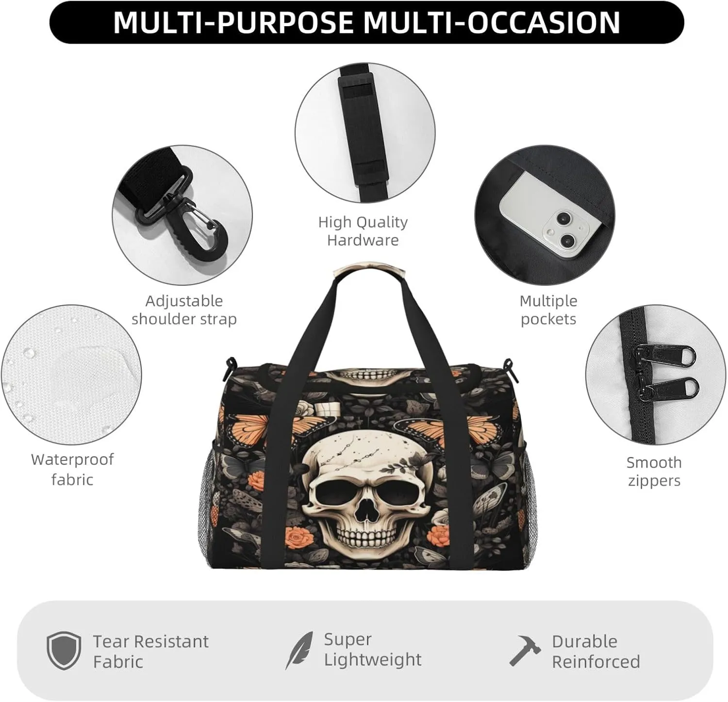 Travel Duffel Bag For Men Women, Skull Butterfly Gothic Rose Flower Carry On Sport Gym Bag With Shoulder Strap Lightweight Waterproof Weekender Bag Overnight Bag