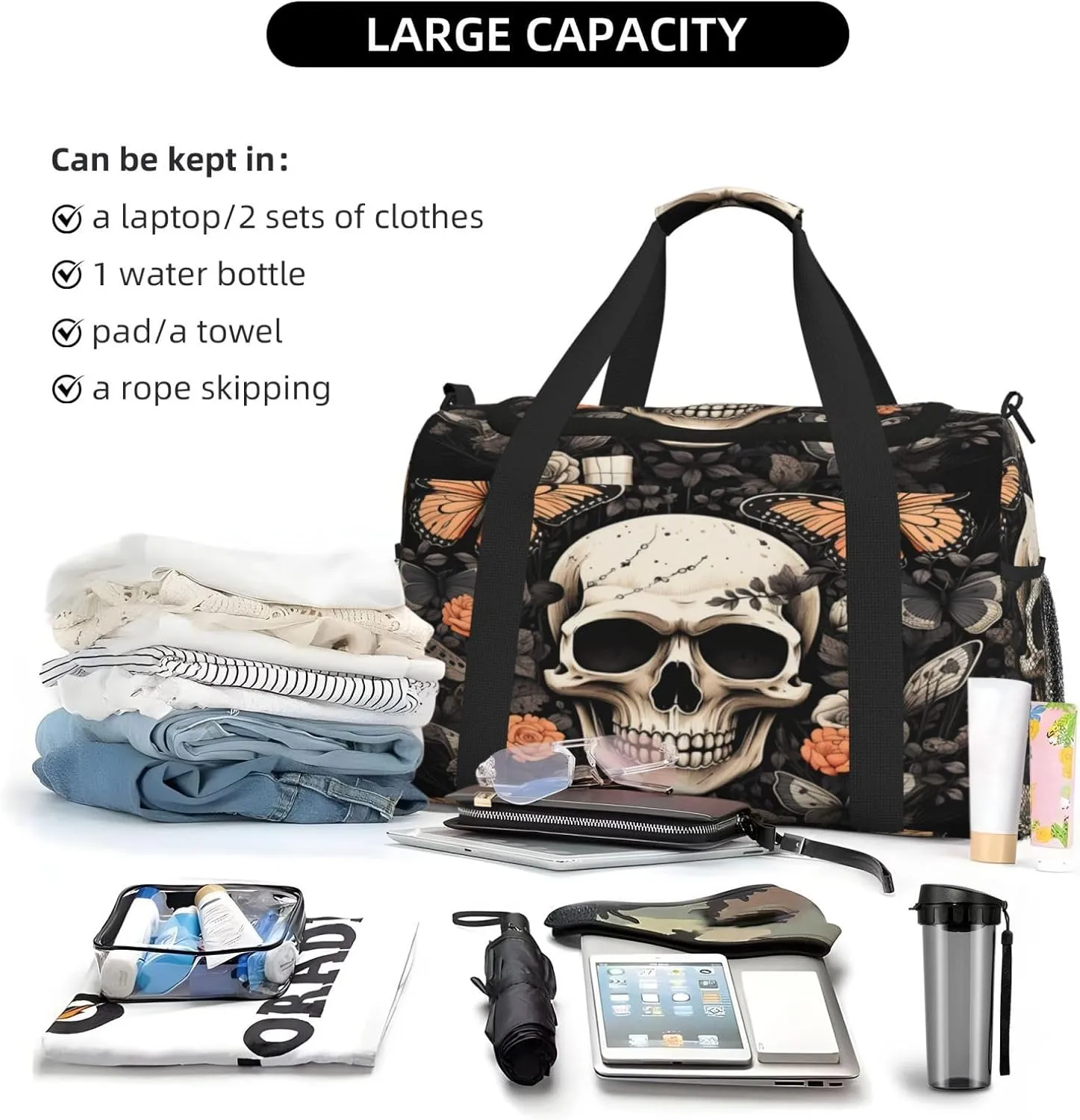 Travel Duffel Bag For Men Women, Skull Butterfly Gothic Rose Flower Carry On Sport Gym Bag With Shoulder Strap Lightweight Waterproof Weekender Bag Overnight Bag