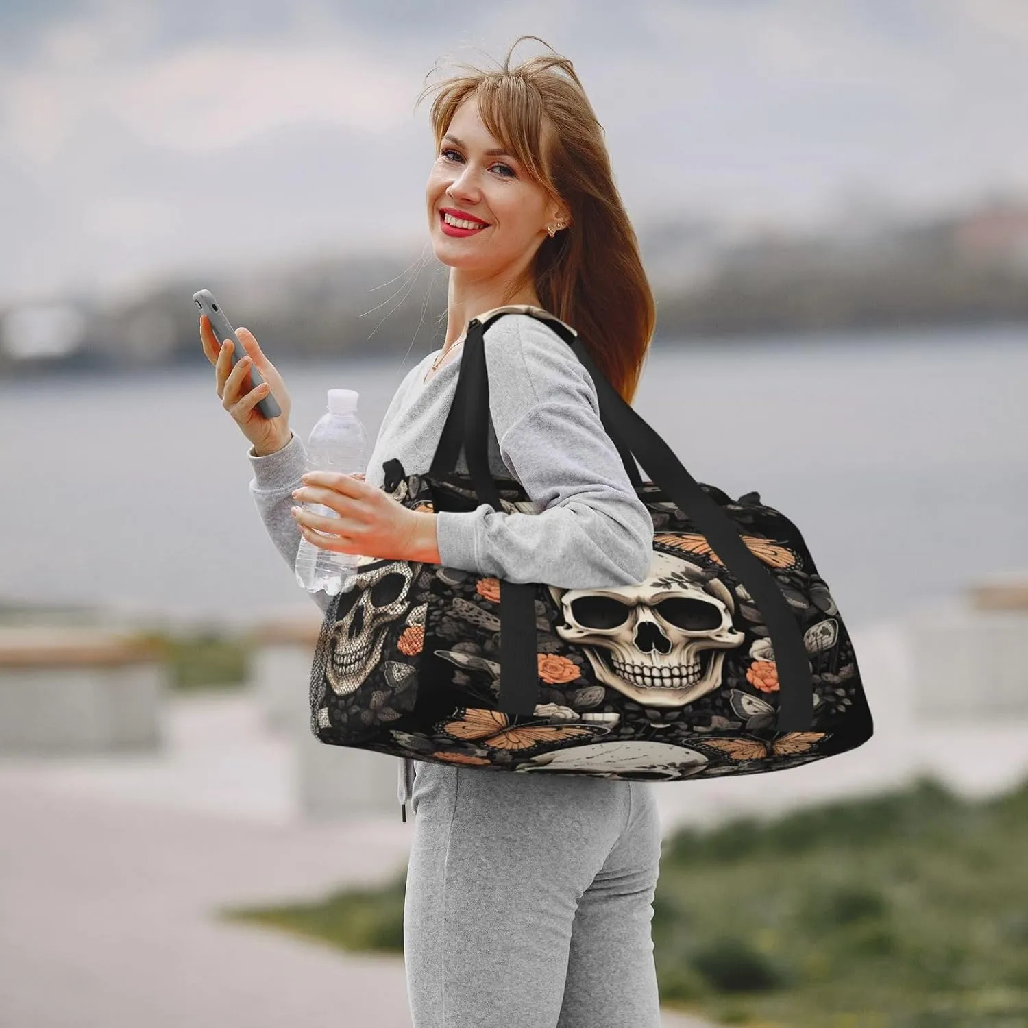 Travel Duffel Bag For Men Women, Skull Butterfly Gothic Rose Flower Carry On Sport Gym Bag With Shoulder Strap Lightweight Waterproof Weekender Bag Overnight Bag