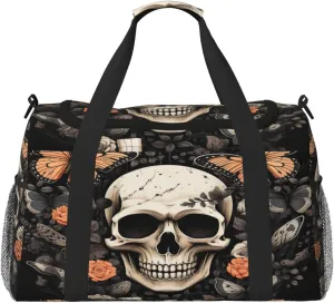 Travel Duffel Bag For Men Women, Skull Butterfly Gothic Rose Flower Carry On Sport Gym Bag With Shoulder Strap Lightweight Waterproof Weekender Bag Overnight Bag