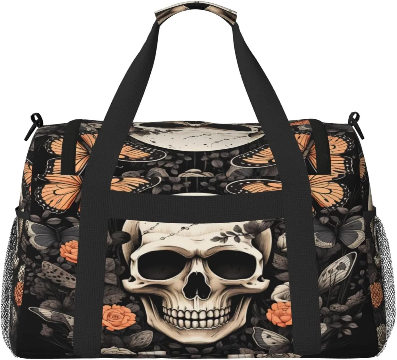 Travel Duffel Bag For Men Women, Skull Butterfly Gothic Rose Flower Carry On Sport Gym Bag With Shoulder Strap Lightweight Waterproof Weekender Bag Overnight Bag