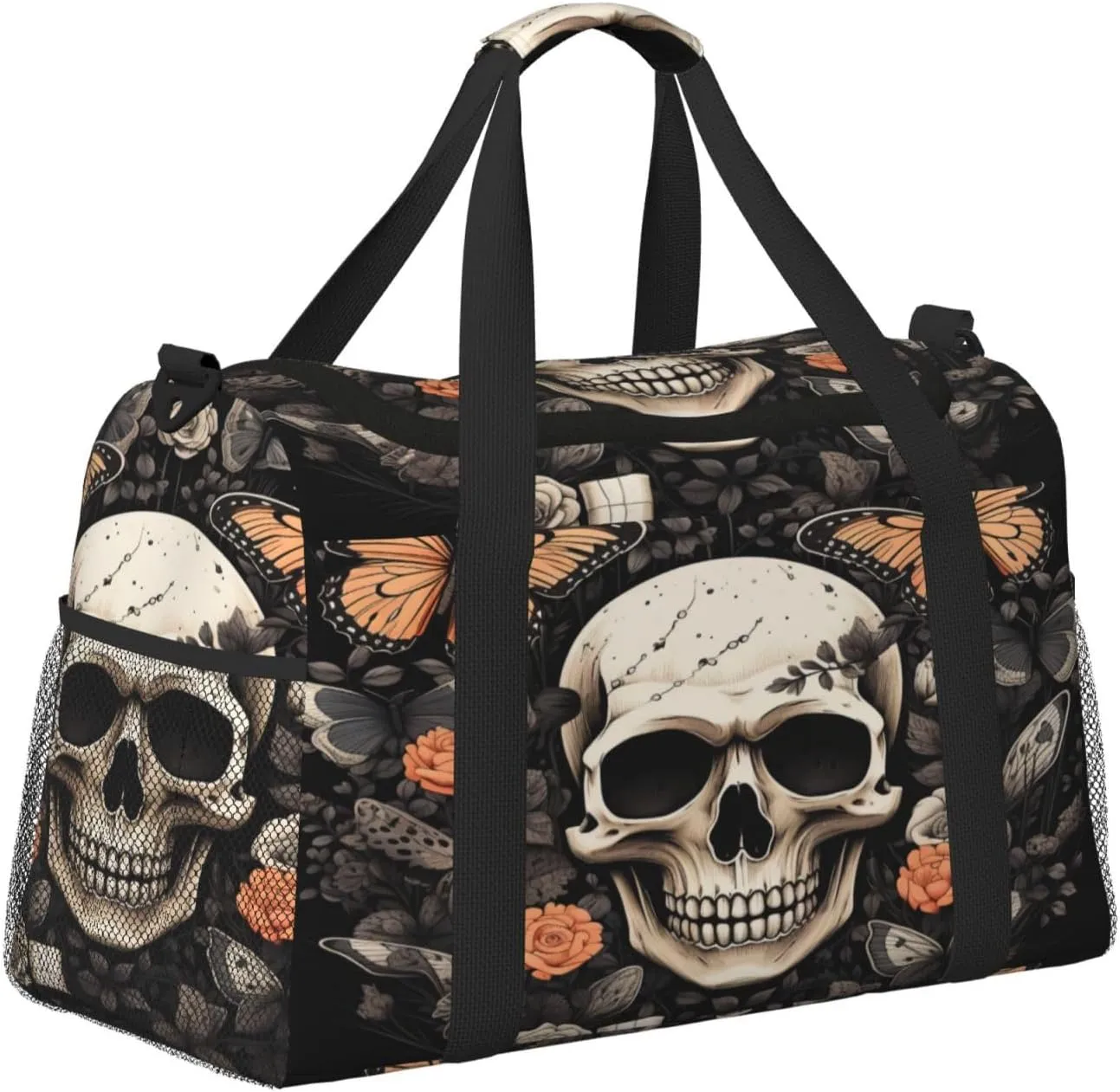 Travel Duffel Bag For Men Women, Skull Butterfly Gothic Rose Flower Carry On Sport Gym Bag With Shoulder Strap Lightweight Waterproof Weekender Bag Overnight Bag