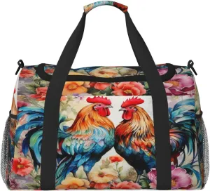 Travel Duffel Bag For Men Women, Watercolor Farm Roosters Hen Flower Carry On Sport Gym Bag With Shoulder Strap Lightweight Waterproof Weekender Bag Overnight Bag