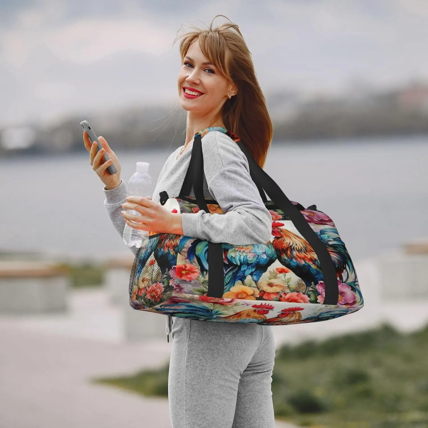 Travel Duffel Bag For Men Women, Watercolor Farm Roosters Hen Flower Carry On Sport Gym Bag With Shoulder Strap Lightweight Waterproof Weekender Bag Overnight Bag