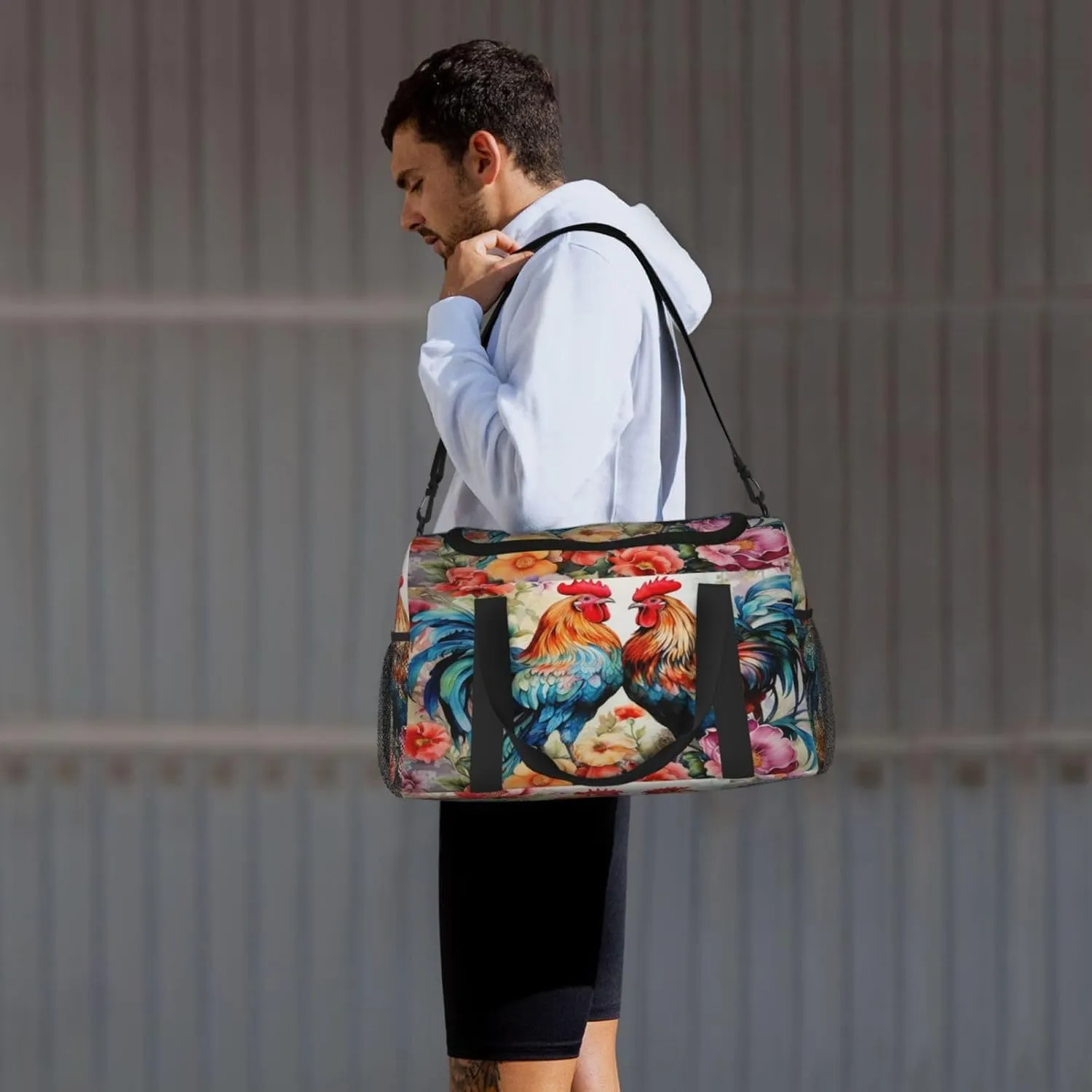 Travel Duffel Bag For Men Women, Watercolor Farm Roosters Hen Flower Carry On Sport Gym Bag With Shoulder Strap Lightweight Waterproof Weekender Bag Overnight Bag