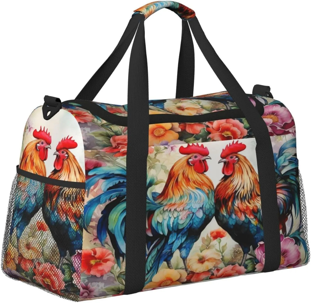 Travel Duffel Bag For Men Women, Watercolor Farm Roosters Hen Flower Carry On Sport Gym Bag With Shoulder Strap Lightweight Waterproof Weekender Bag Overnight Bag