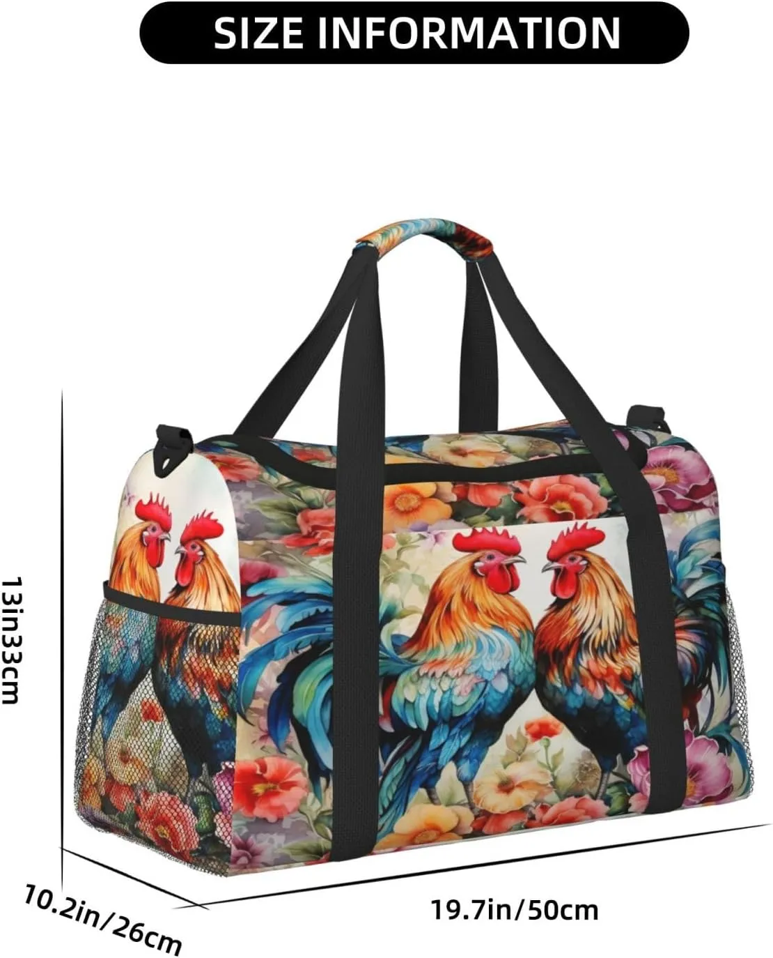 Travel Duffel Bag For Men Women, Watercolor Farm Roosters Hen Flower Carry On Sport Gym Bag With Shoulder Strap Lightweight Waterproof Weekender Bag Overnight Bag