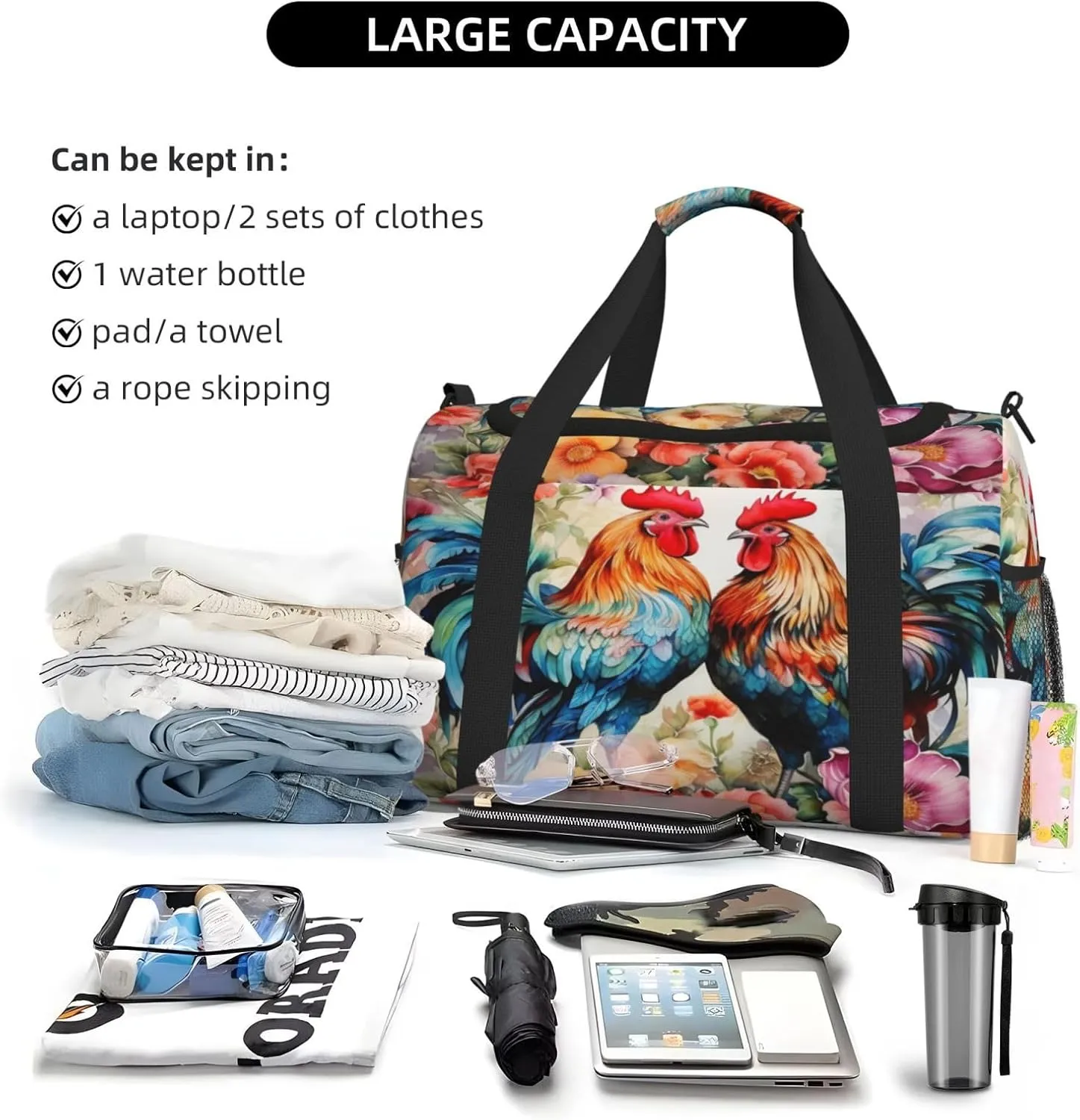Travel Duffel Bag For Men Women, Watercolor Farm Roosters Hen Flower Carry On Sport Gym Bag With Shoulder Strap Lightweight Waterproof Weekender Bag Overnight Bag