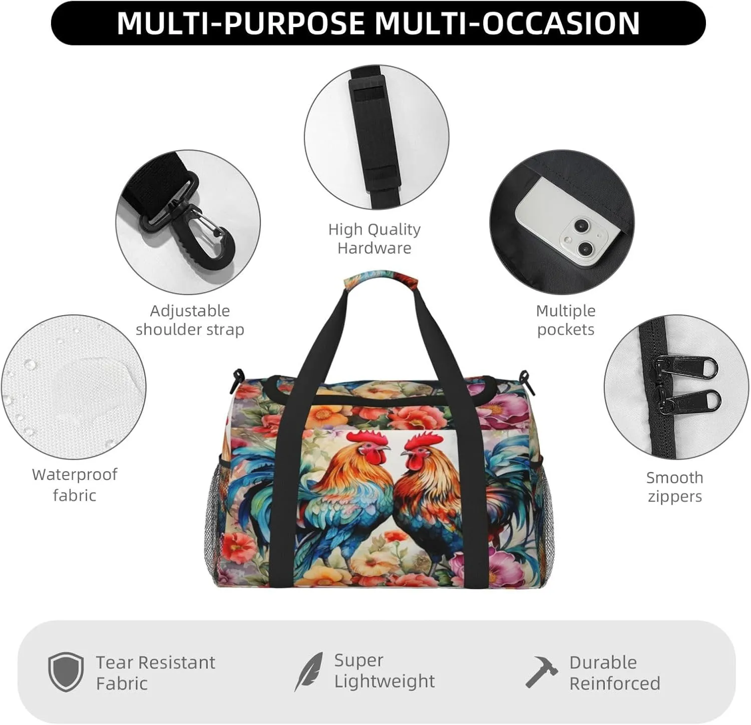 Travel Duffel Bag For Men Women, Watercolor Farm Roosters Hen Flower Carry On Sport Gym Bag With Shoulder Strap Lightweight Waterproof Weekender Bag Overnight Bag