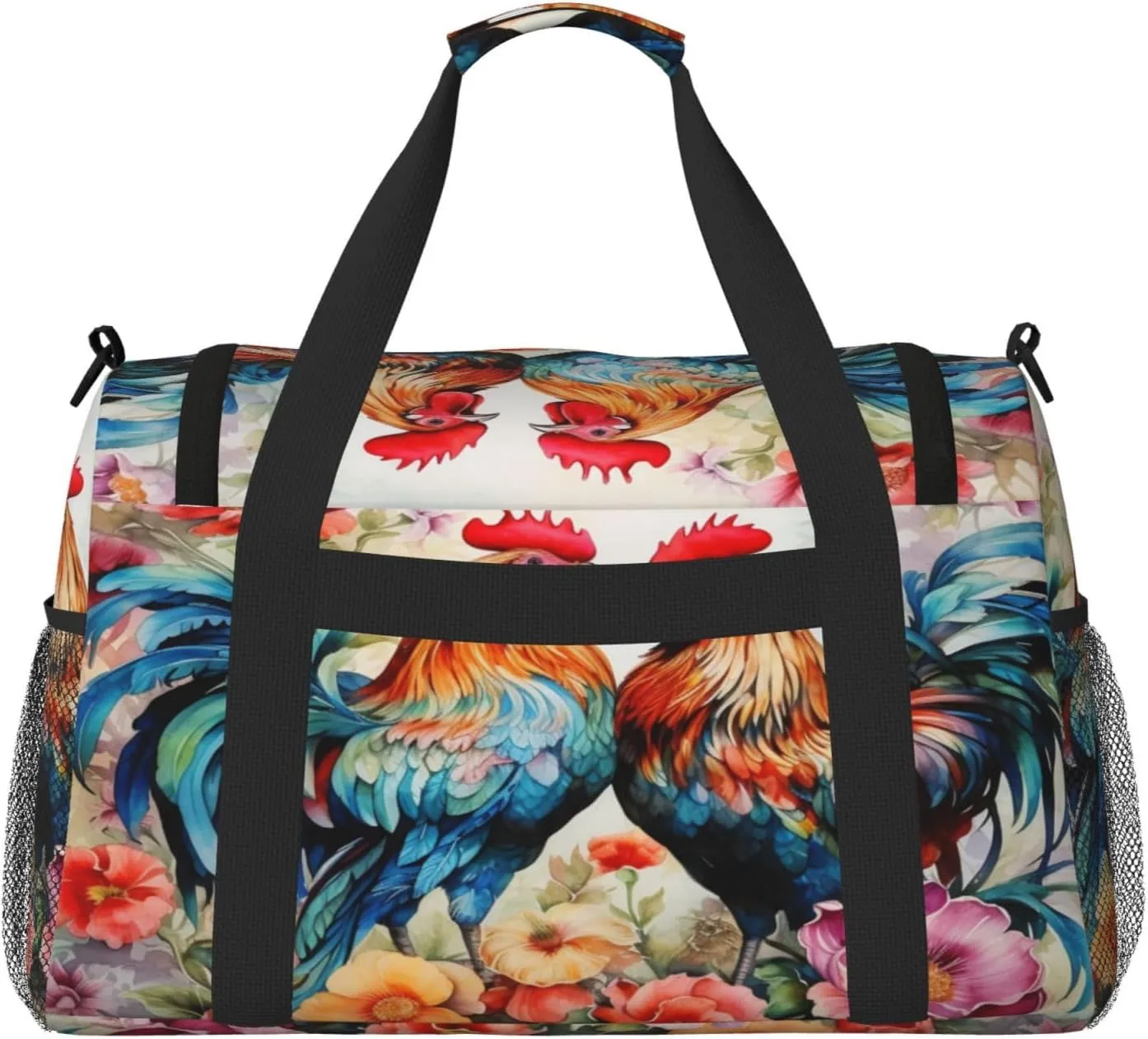Travel Duffel Bag For Men Women, Watercolor Farm Roosters Hen Flower Carry On Sport Gym Bag With Shoulder Strap Lightweight Waterproof Weekender Bag Overnight Bag