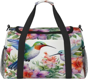 Travel Duffel Bag For Men Women, Watercolor Spring Flower Floral Hummingbirds Carry On Sport Gym Bag With Shoulder Strap Lightweight Waterproof Weekender Bag Overnight Bag