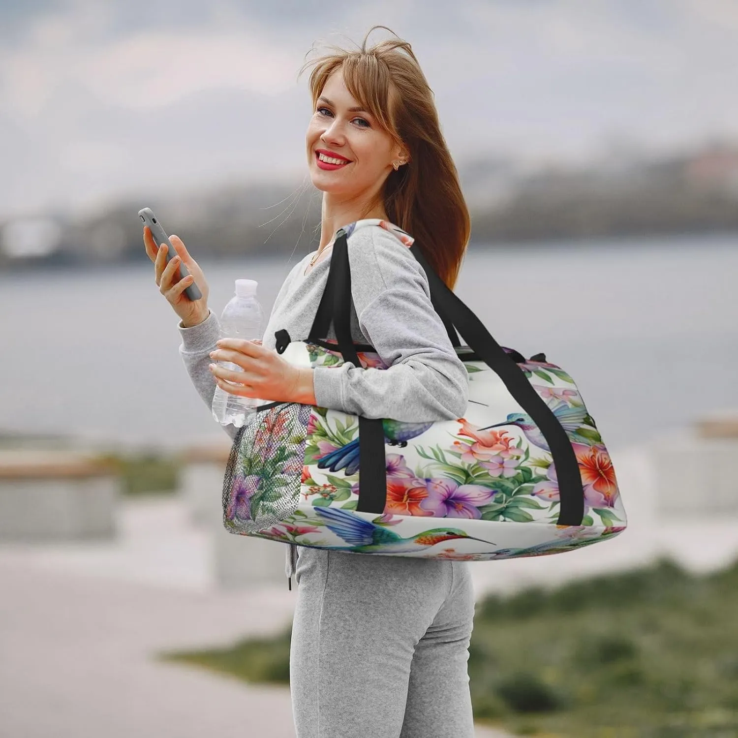 Travel Duffel Bag For Men Women, Watercolor Spring Flower Floral Hummingbirds Carry On Sport Gym Bag With Shoulder Strap Lightweight Waterproof Weekender Bag Overnight Bag