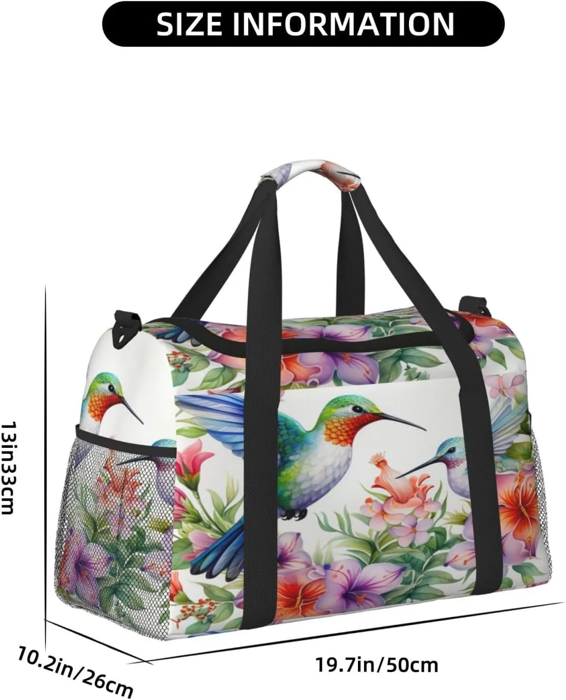 Travel Duffel Bag For Men Women, Watercolor Spring Flower Floral Hummingbirds Carry On Sport Gym Bag With Shoulder Strap Lightweight Waterproof Weekender Bag Overnight Bag