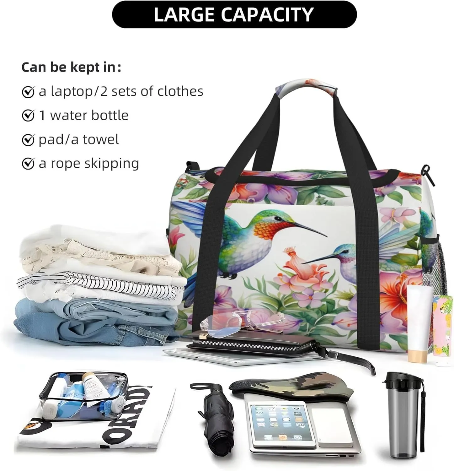 Travel Duffel Bag For Men Women, Watercolor Spring Flower Floral Hummingbirds Carry On Sport Gym Bag With Shoulder Strap Lightweight Waterproof Weekender Bag Overnight Bag
