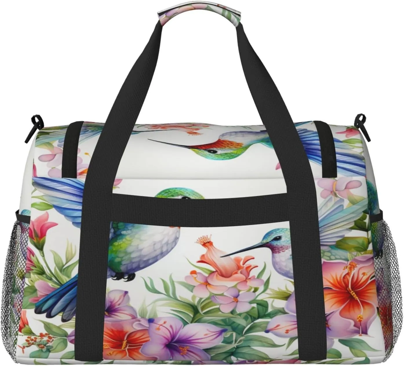 Travel Duffel Bag For Men Women, Watercolor Spring Flower Floral Hummingbirds Carry On Sport Gym Bag With Shoulder Strap Lightweight Waterproof Weekender Bag Overnight Bag