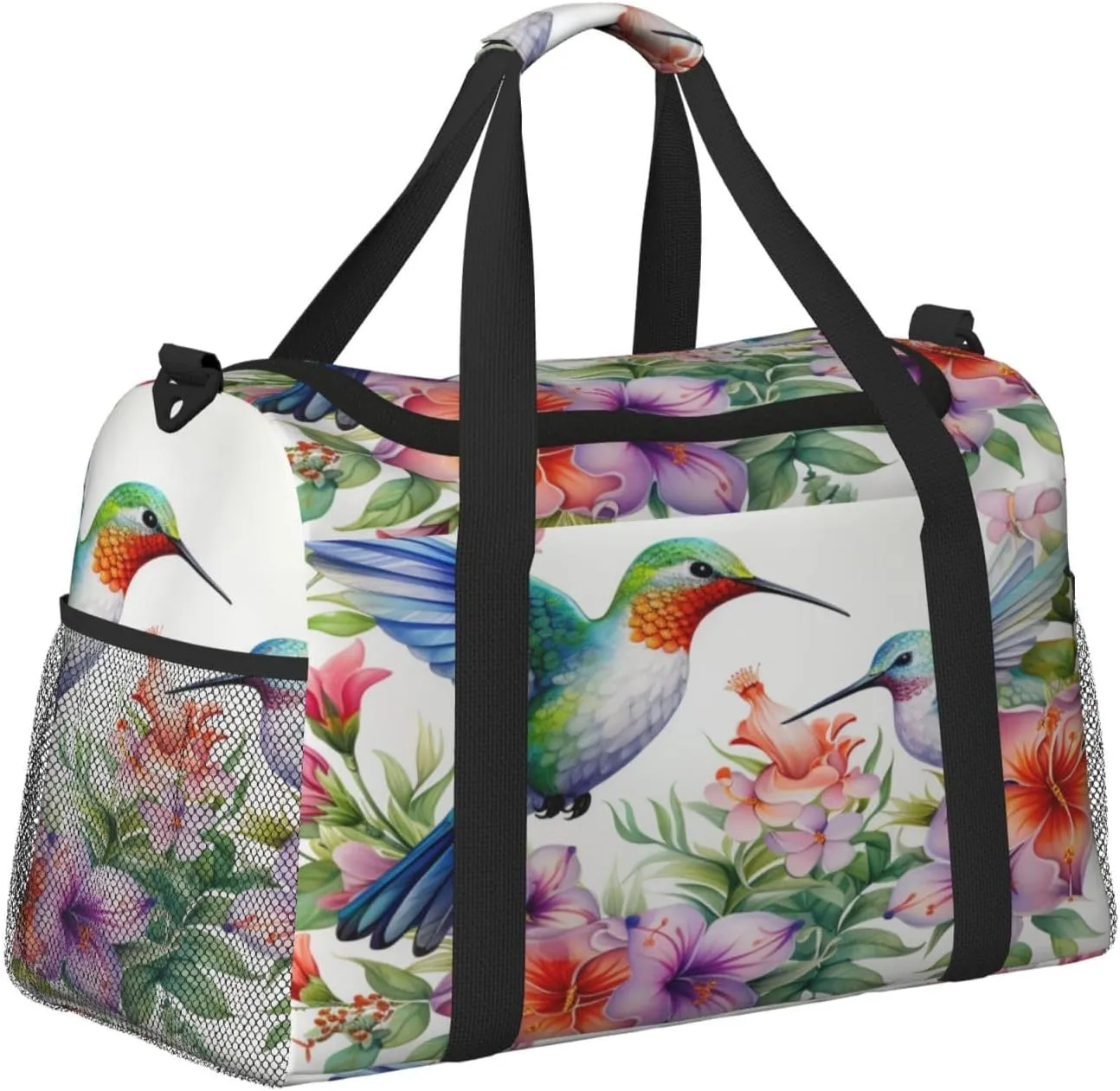 Travel Duffel Bag For Men Women, Watercolor Spring Flower Floral Hummingbirds Carry On Sport Gym Bag With Shoulder Strap Lightweight Waterproof Weekender Bag Overnight Bag