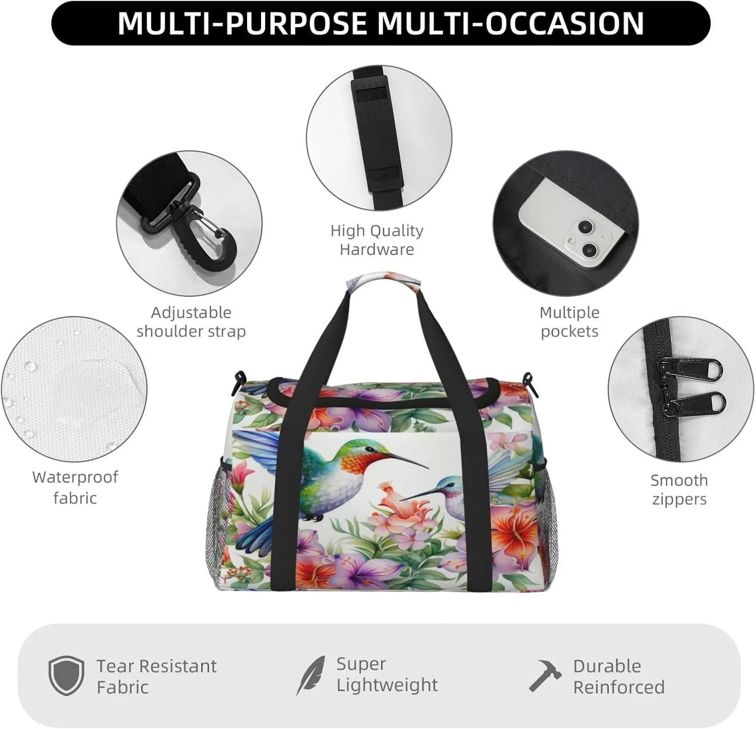 Travel Duffel Bag For Men Women, Watercolor Spring Flower Floral Hummingbirds Carry On Sport Gym Bag With Shoulder Strap Lightweight Waterproof Weekender Bag Overnight Bag