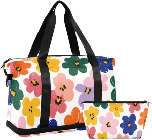 Travel Duffel Bag Simple Flower Pattern Foldable Sports Tote Gym Bag with Shoe & Wet Compartment Shoulder Carry on Luggage Duffel Weekender Overnight for Men Women